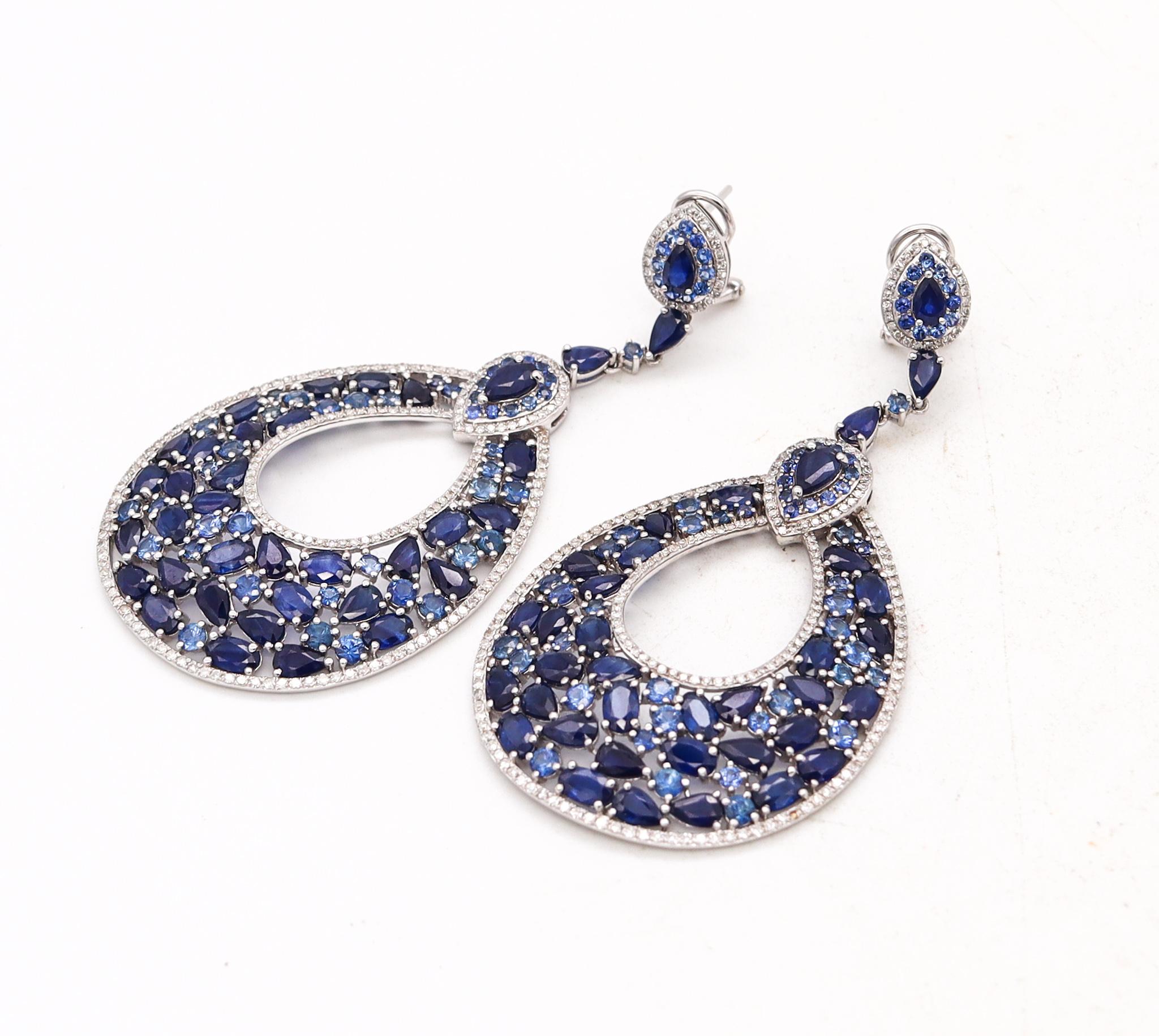 Gem Set Cocktail Dangle Earrings In 18Kt Gold 23.20 Cts Sapphires And Diamonds For Sale 1