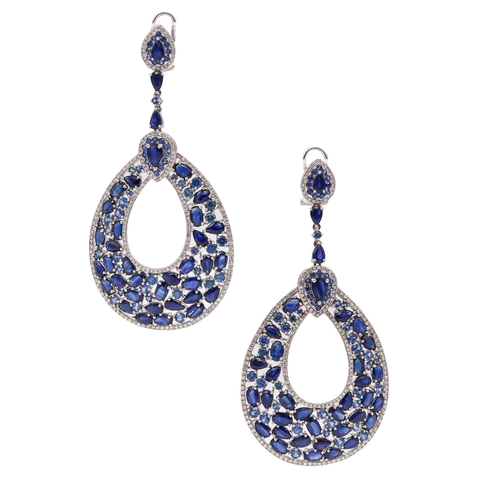 Gem Set Cocktail Dangle Earrings In 18Kt Gold 23.20 Cts Sapphires And Diamonds For Sale
