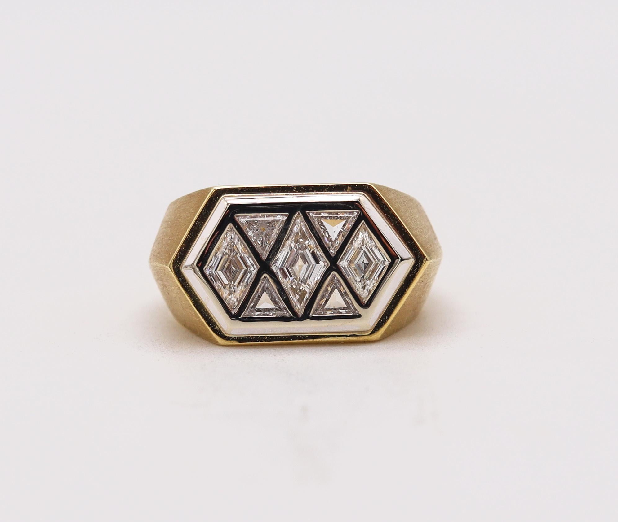 Kite Cut Gem set Geometric Signet Ring In 18Kt Gold And Platinum With 2.82 Ctw Diamonds