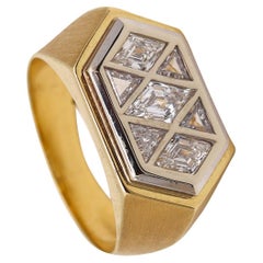 Retro Gem set Geometric Signet Ring In 18Kt Gold And Platinum With 2.82 Ctw Diamonds