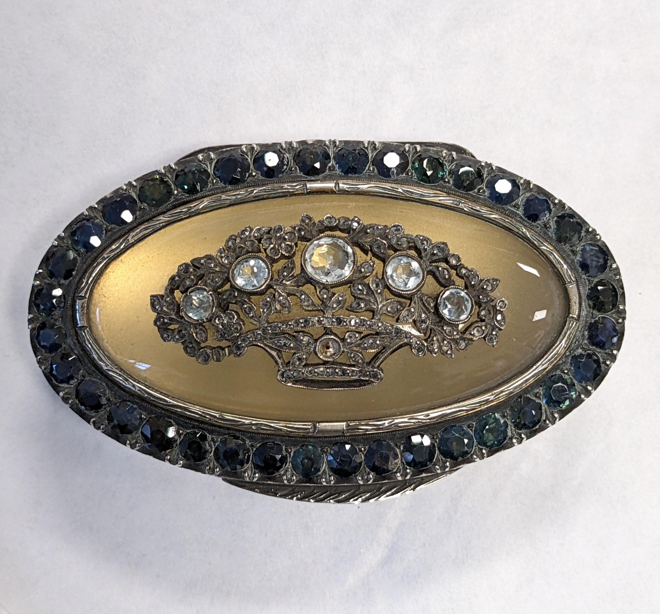 Charming Gem Set Frosted Rock Crystal Silver Box in etched vermeil silver with basket motif set with aquamarines and tiny diamond chips in a border of round sapphires. Giardinetto motif of basket with diamonds and aquas set into the rock crystal.