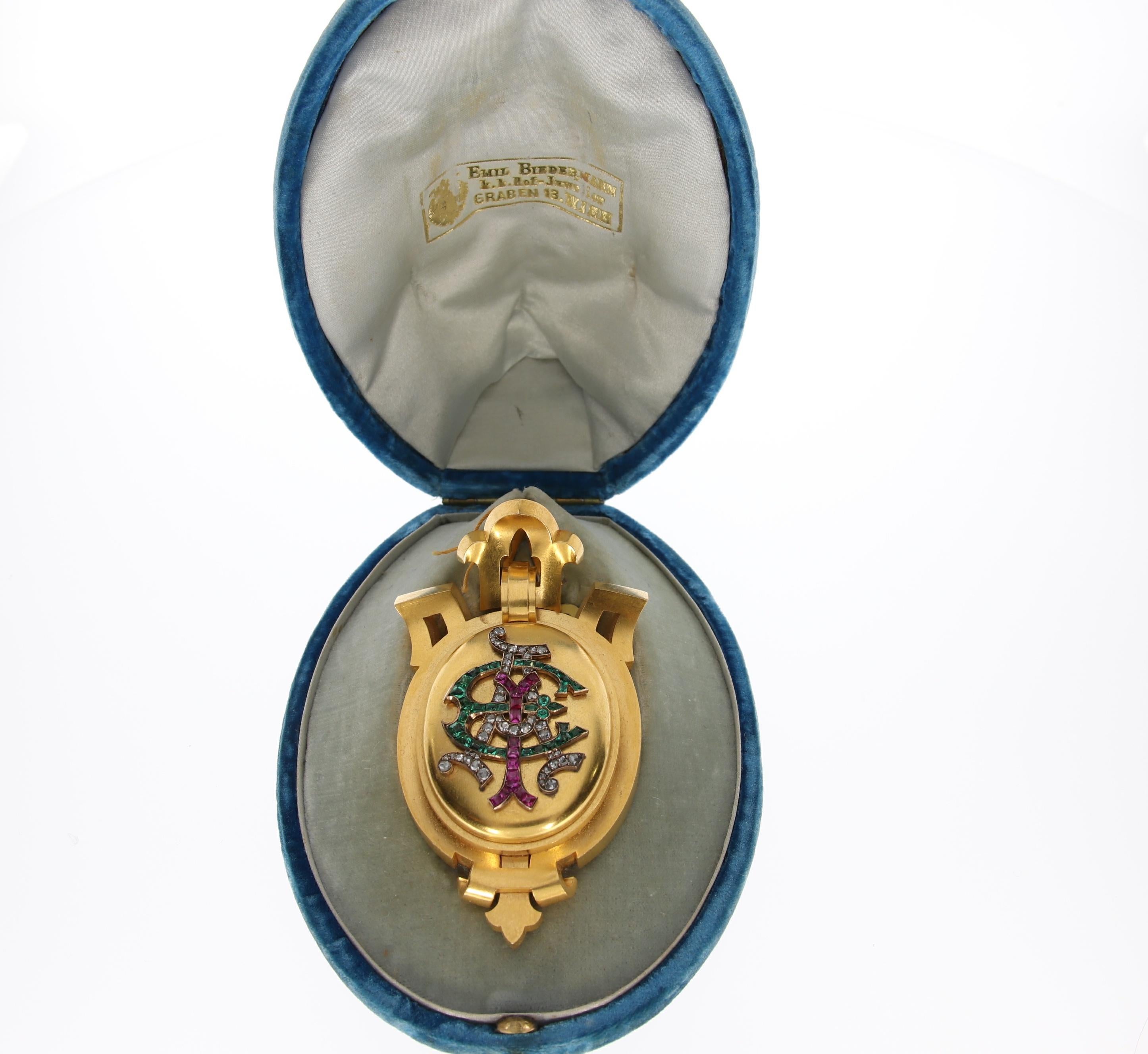 Women's or Men's Gem Set Monogram Locket Pendant in 18 Karat Gold in Original Blue Velvet Box For Sale