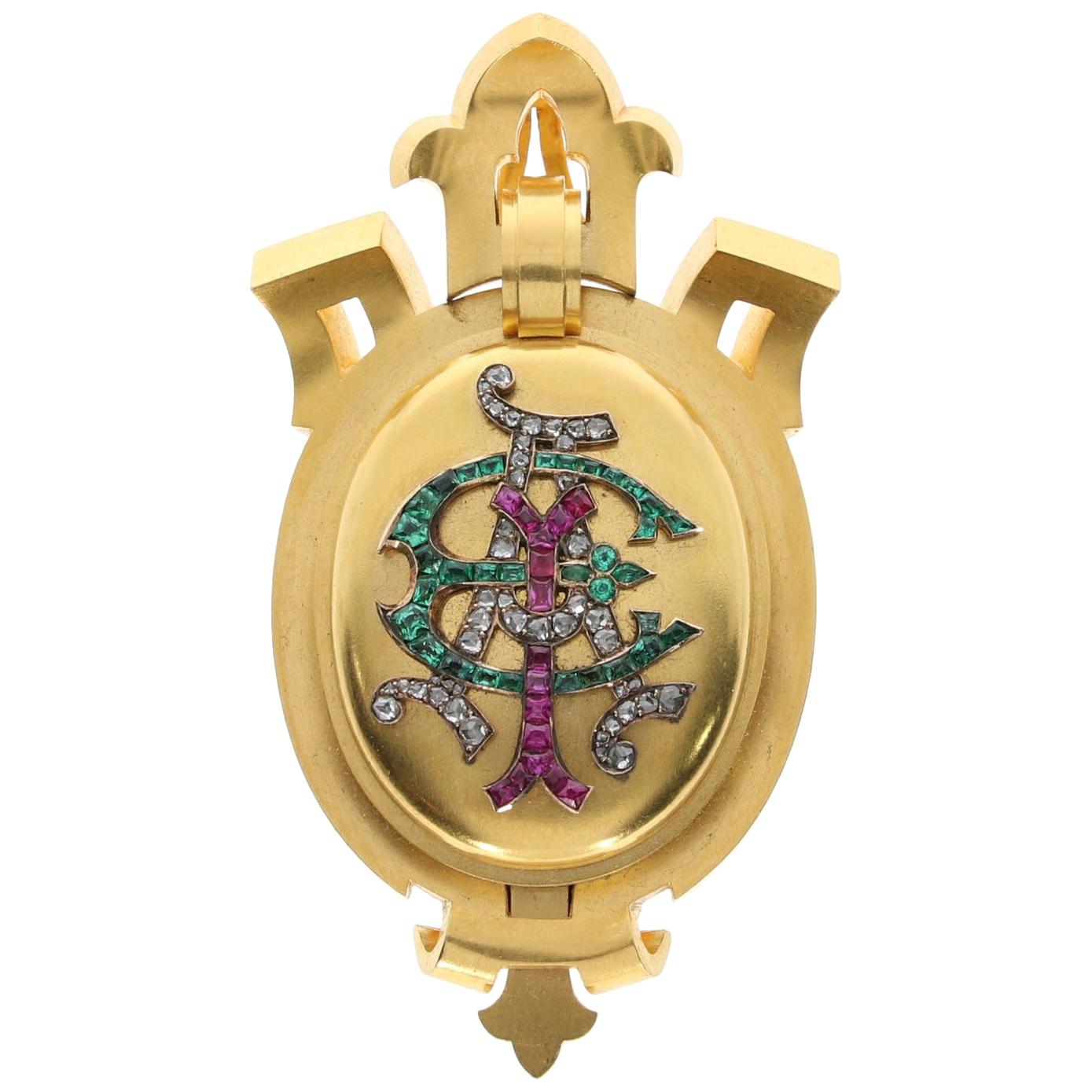 Gem Set Monogram Locket Pendant in 18 Karat Gold in Original Blue Velvet Box For Sale