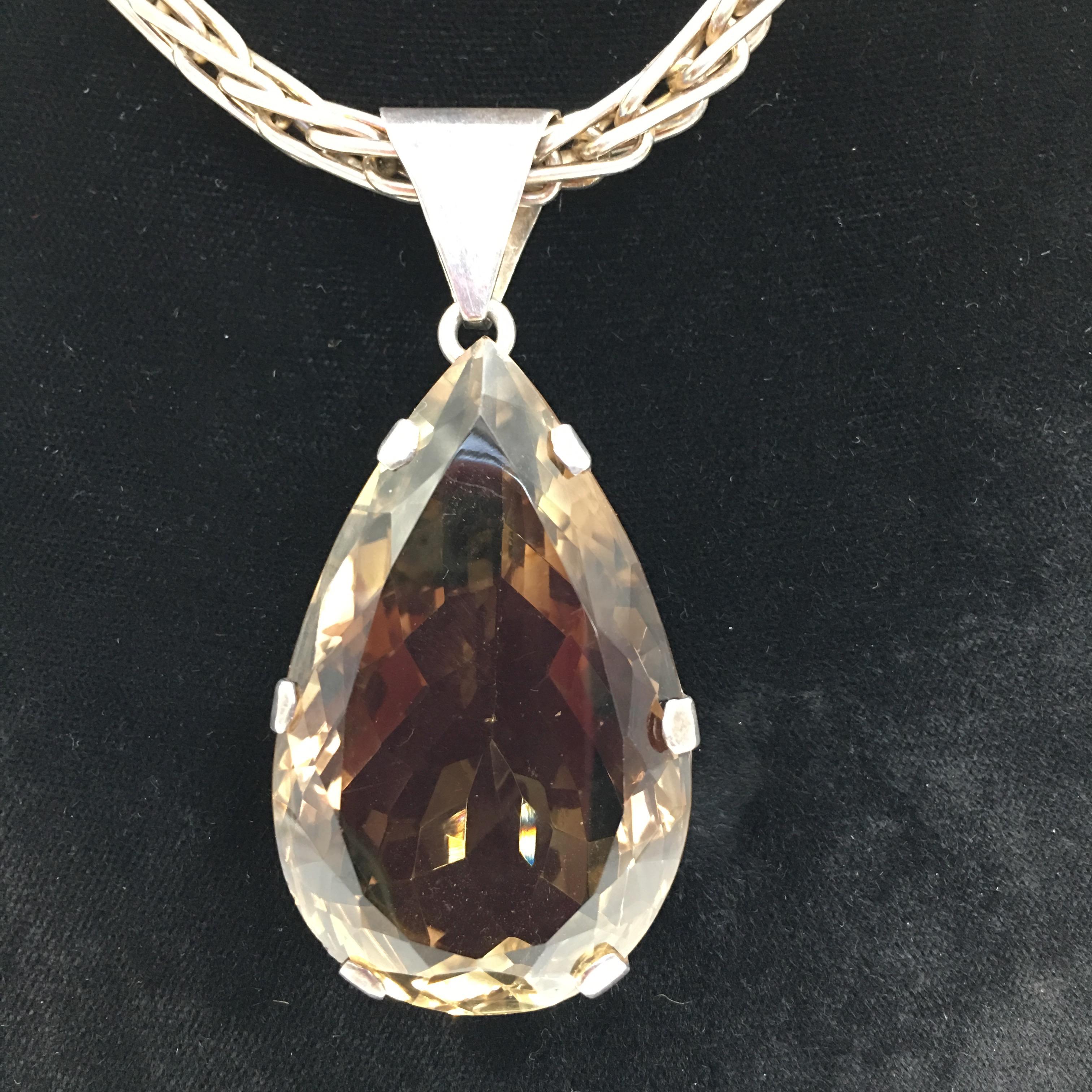 Modernist Gem Set Topaz and Sterling Silver Artisan Pendant with Foxtail Chain Necklace