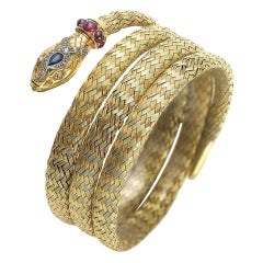 Antique Ruby Sapphire and Diamond Woven Gold Snake Bracelet Circa 1880