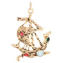 Vintage Gem-Set Viking Ship Charm, 14KT Yellow Gold