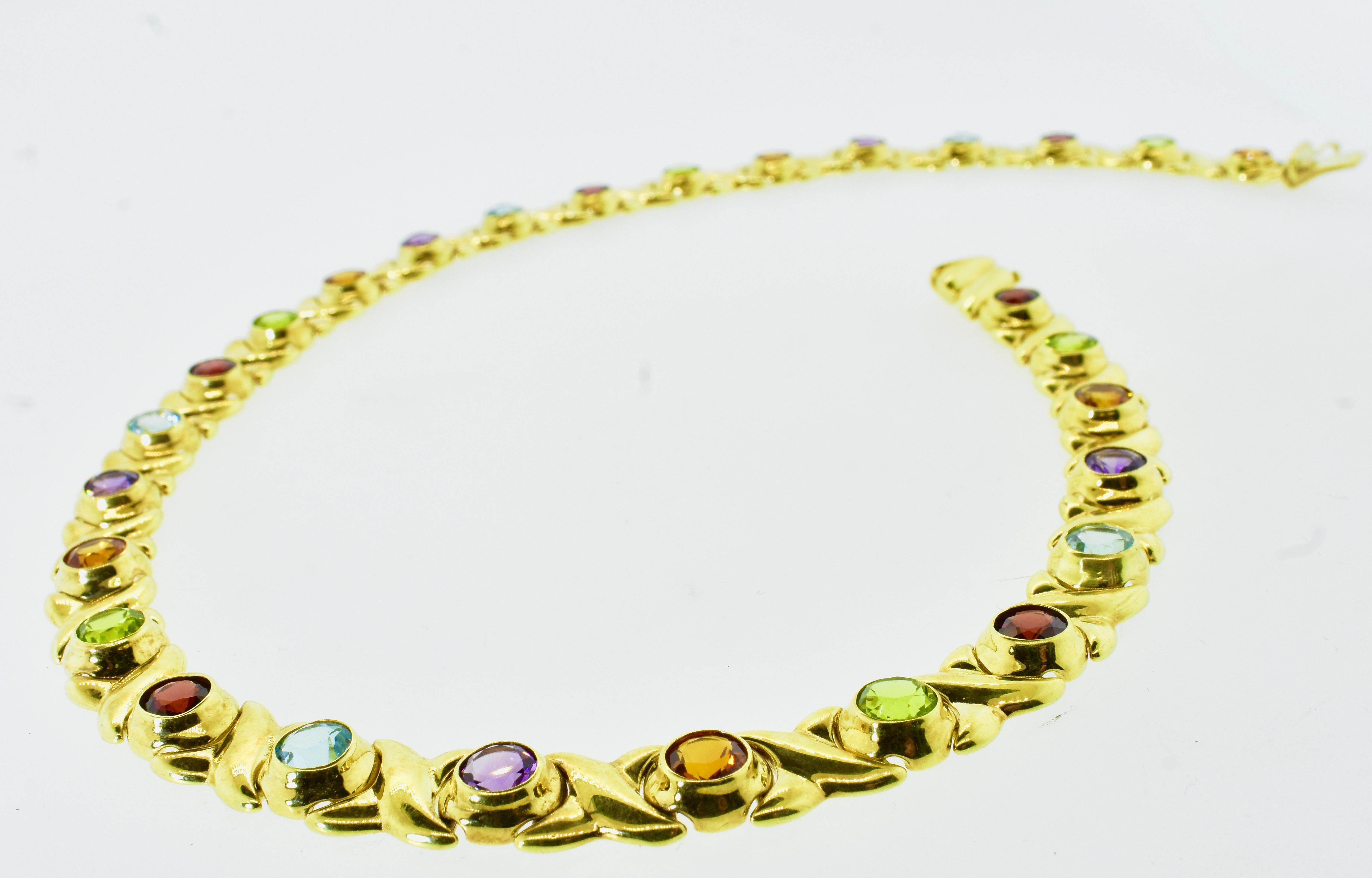 Gem Set Yellow Gold Vintage Necklace with Peridot, Amethyst, Citrine, and Garnet For Sale 7