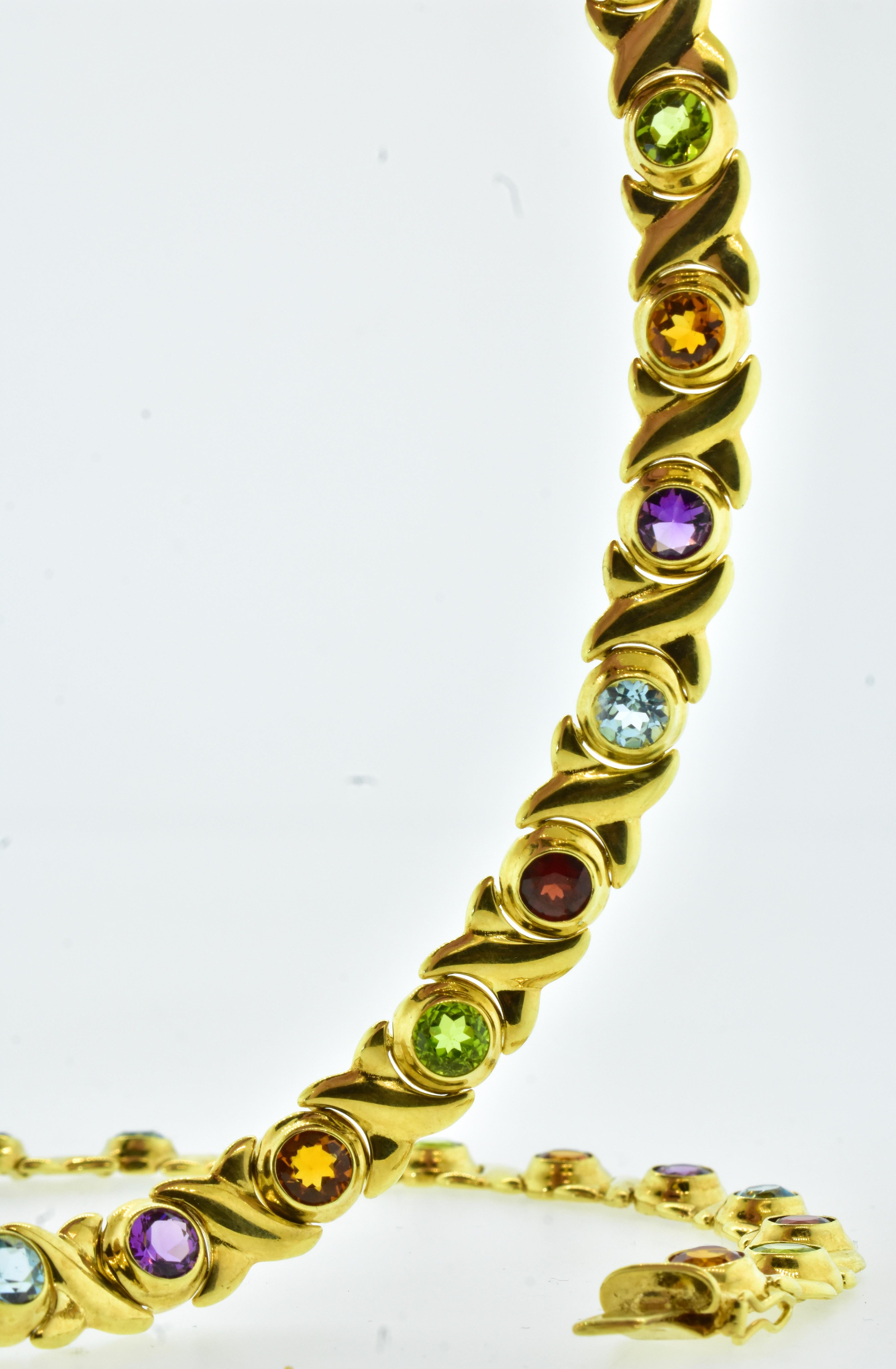 Gem Set Yellow Gold Vintage Necklace with Peridot, Amethyst, Citrine, and Garnet For Sale 9