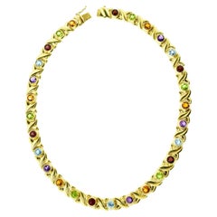 Gem Set Yellow Gold Vintage Necklace with Peridot, Amethyst, Citrine, and Garnet