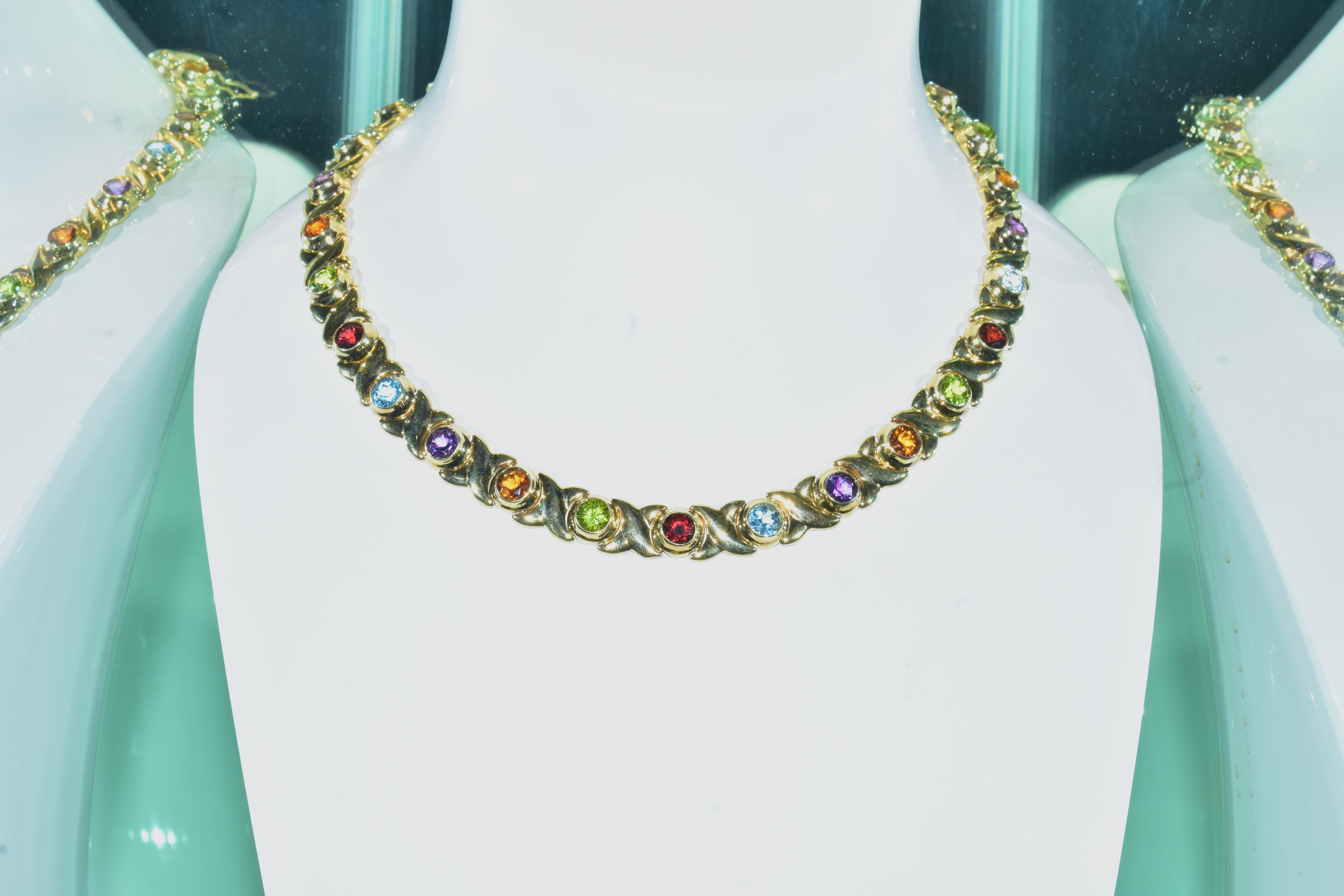 Gem Set Yellow Gold Vintage Necklace with Peridot, Amethyst, Citrine, and Garnet For Sale 2