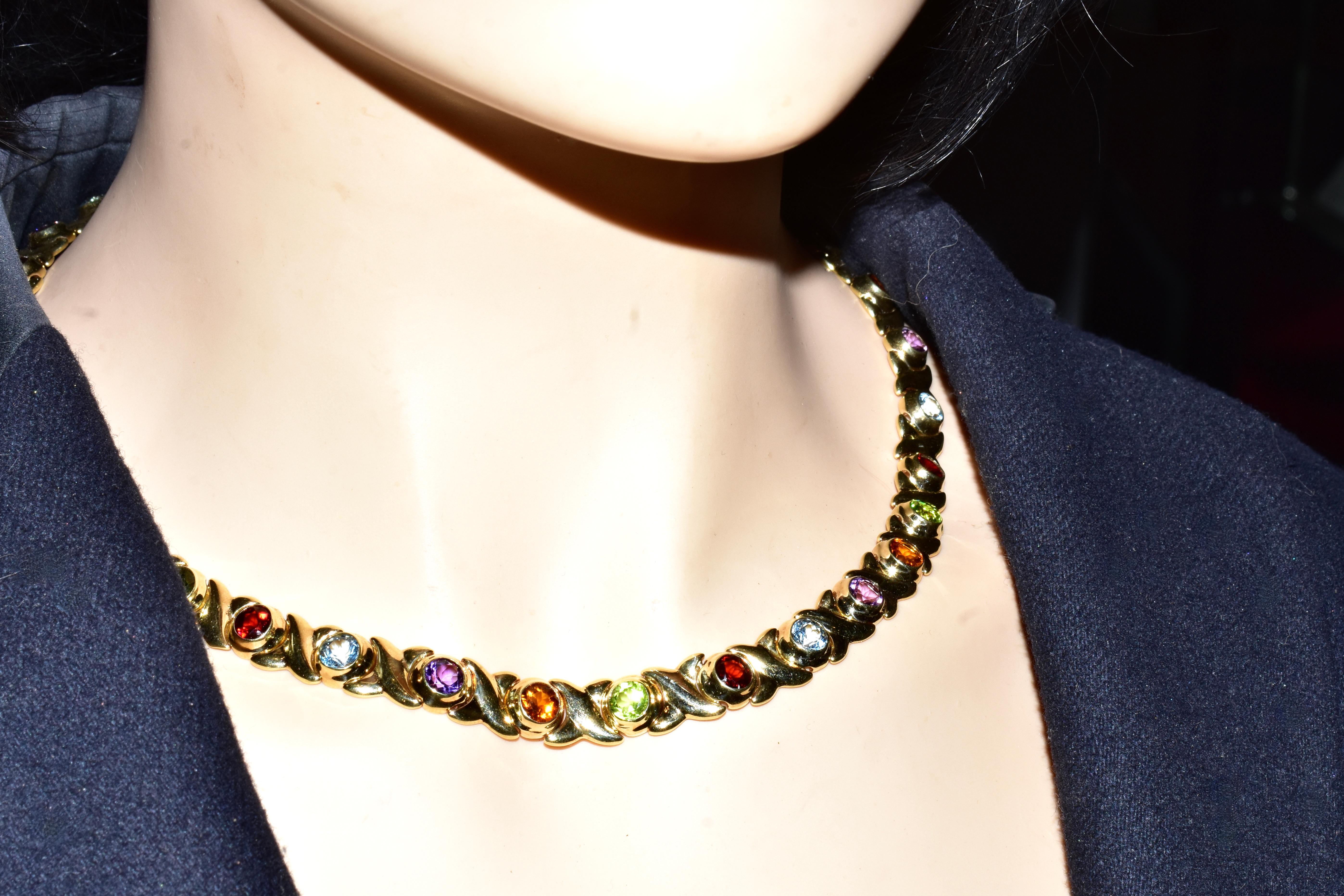 Gem Set Yellow Gold Vintage Necklace with Peridot, Amethyst, Citrine, and Garnet For Sale 4