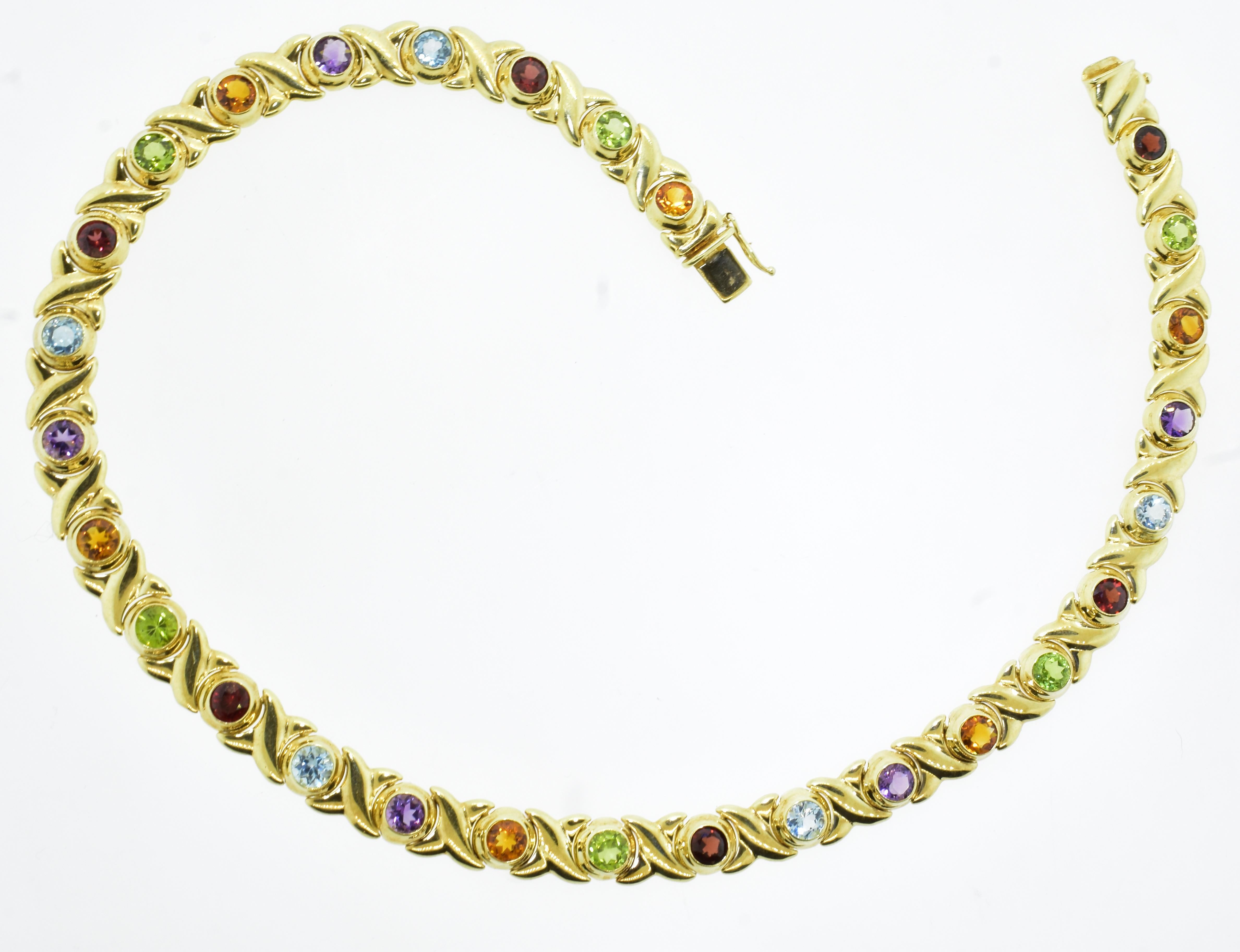 Contemporary Gem Set Yellow Gold Vintage Necklace with Peridot, Amethyst, Citrine, and Garnet For Sale