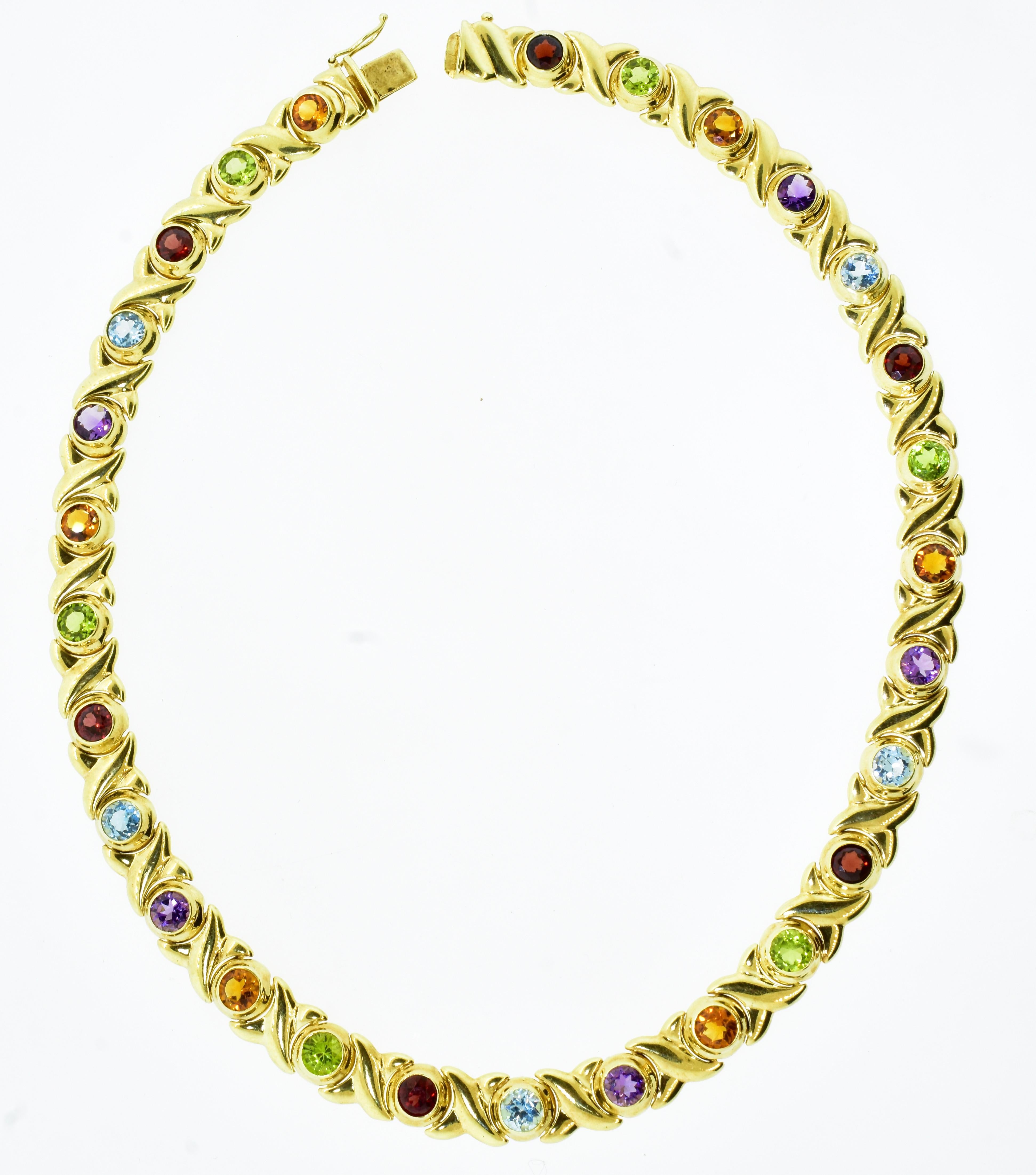 Brilliant Cut Gem Set Yellow Gold Vintage Necklace with Peridot, Amethyst, Citrine, and Garnet For Sale
