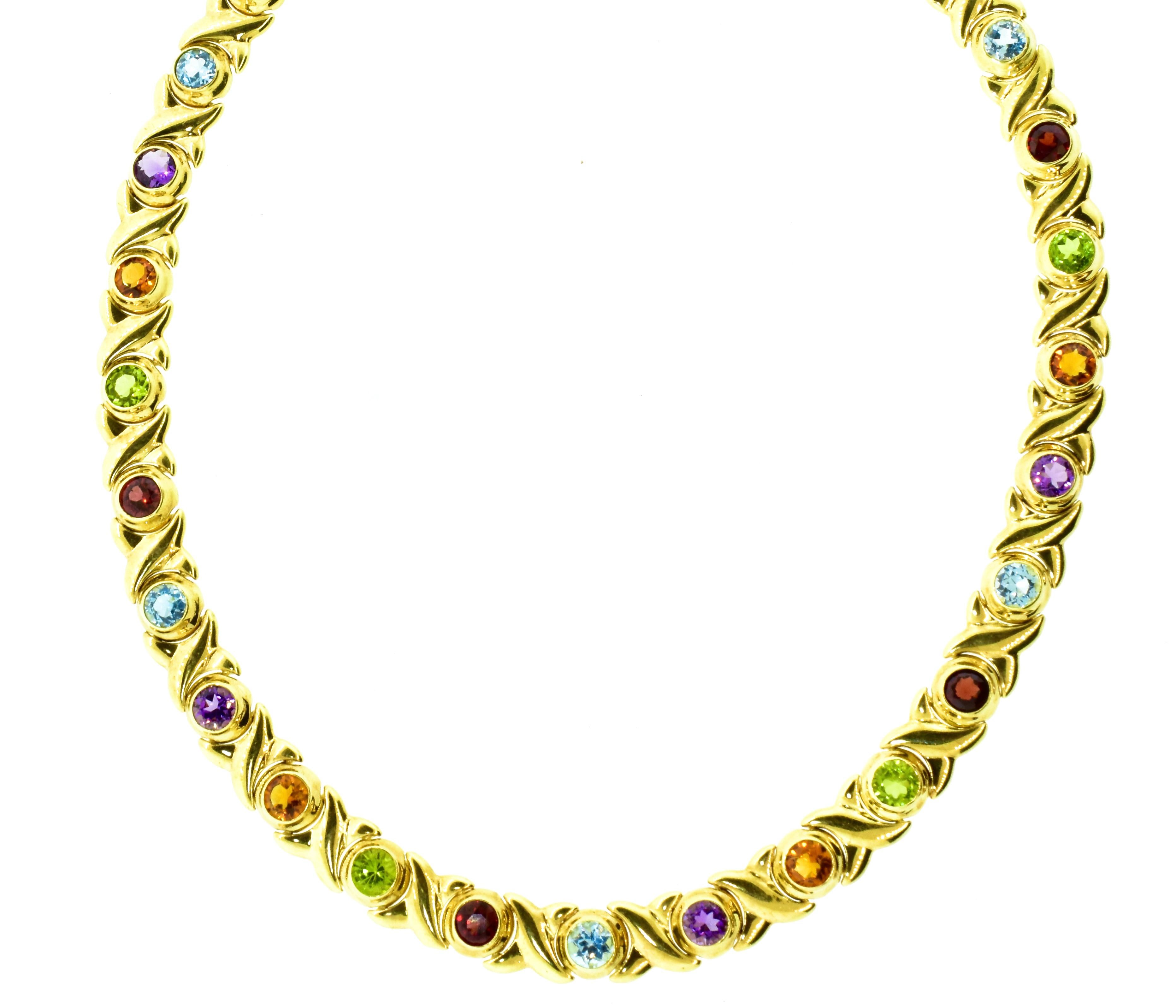 Gem Set Yellow Gold Vintage Necklace with Peridot, Amethyst, Citrine, and Garnet In Excellent Condition For Sale In Aspen, CO