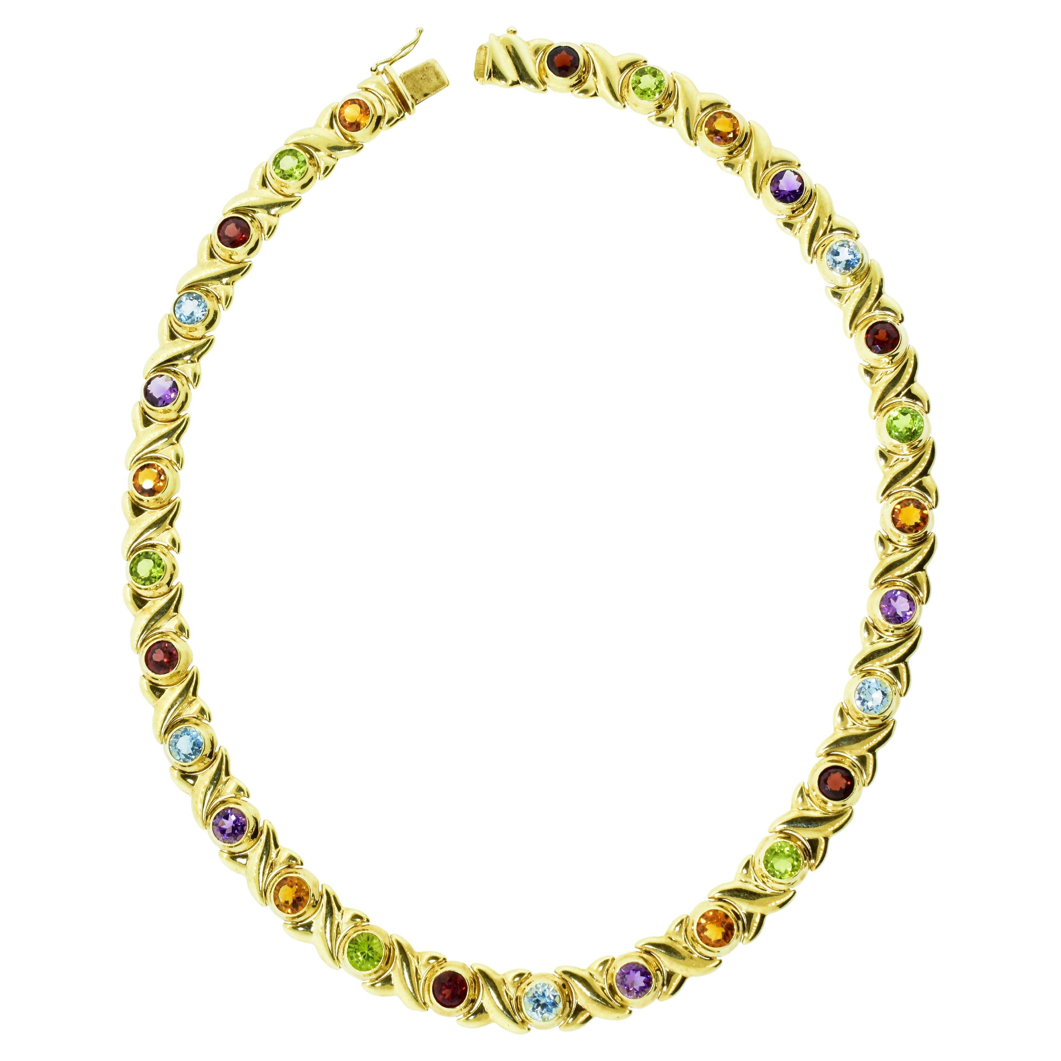 Gem Set Yellow Gold Vintage Necklace with Peridot, Amethyst, Citrine, and Garnet For Sale