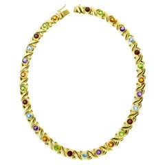 Gem Set Yellow Gold Vintage Necklace with Peridot, Amethyst, Citrine, and Garnet