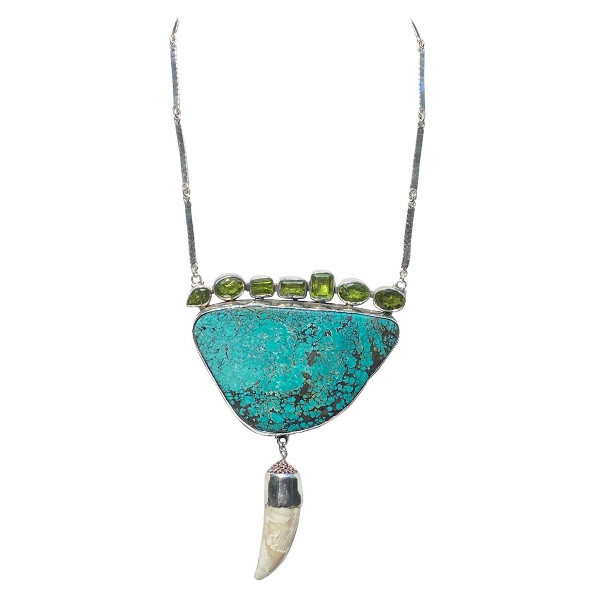 Statement Peridot and American Turquoise Necklace with Croco Tooth in Silver  For Sale
