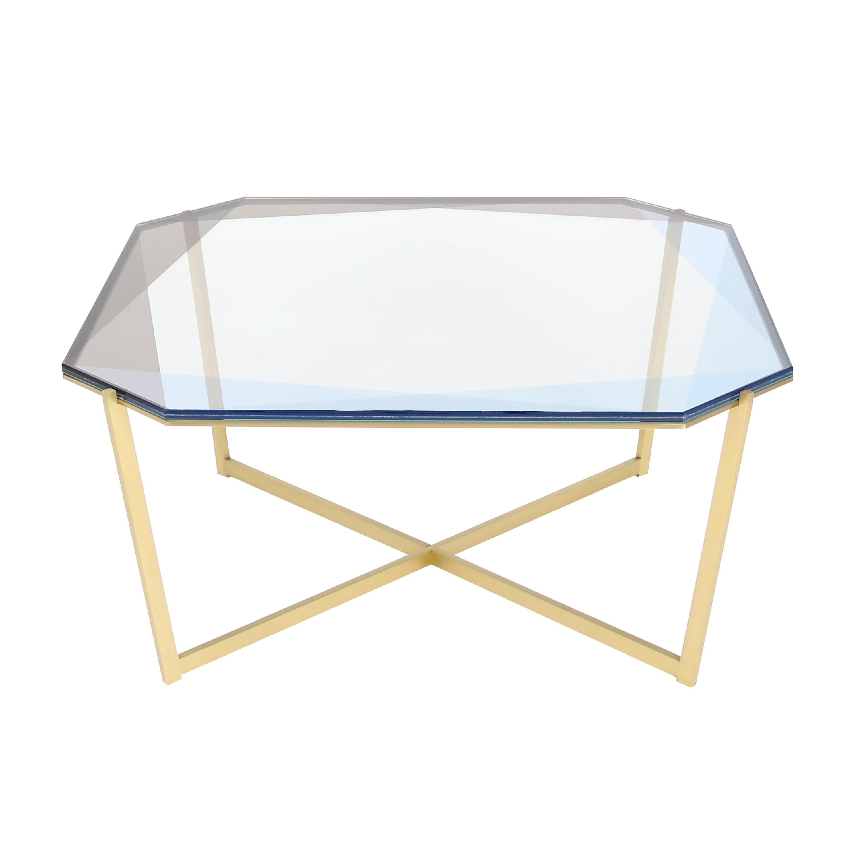 Gem Square Coffee Table-Blue Glass with Brass Base by Debra Folz For Sale