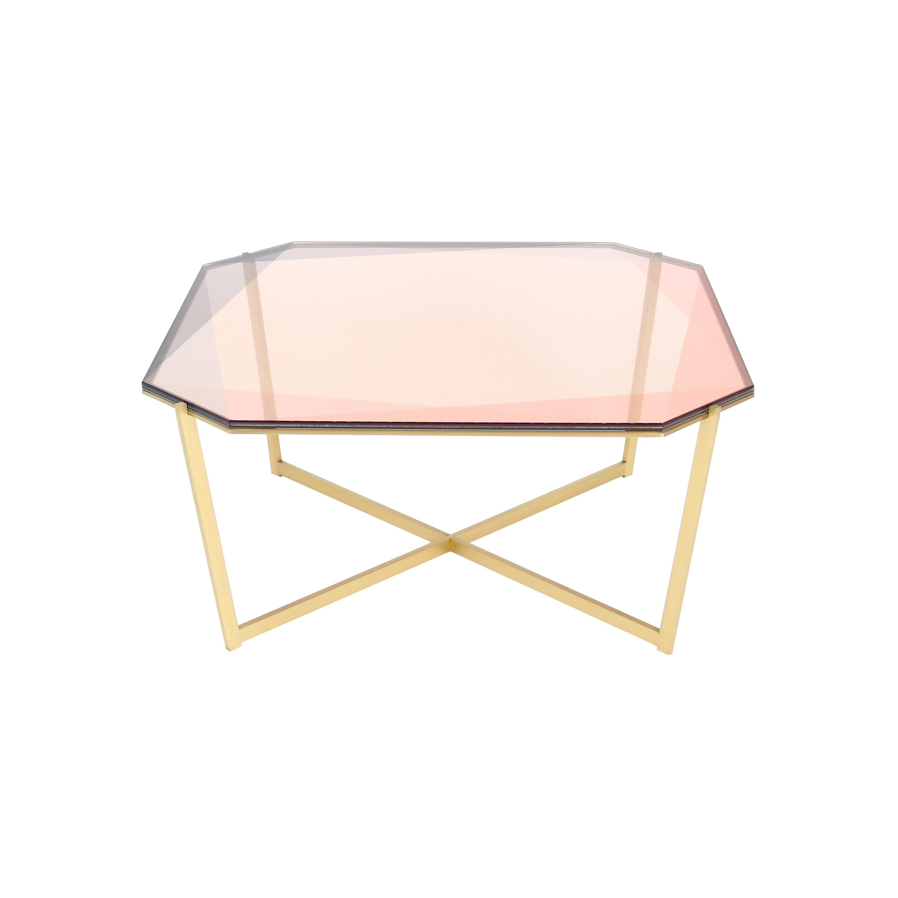 Gem Square Coffee Table, Blush Glass with Brass Base by Debra Folz For Sale