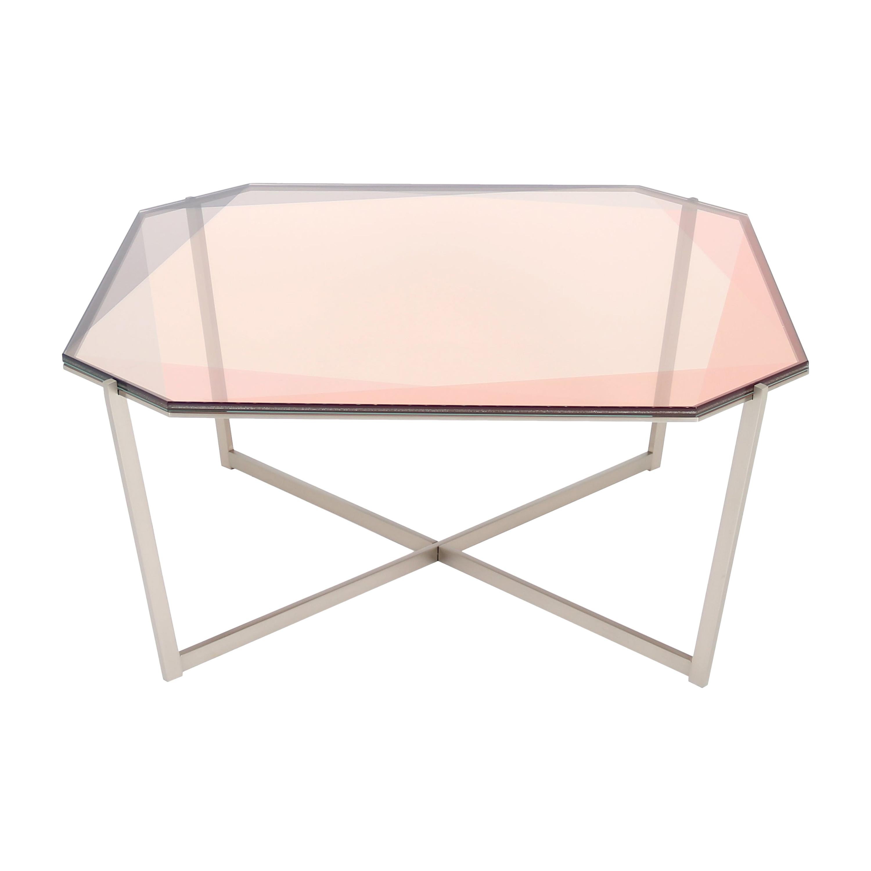 Gem Square Coffee Table-Blush Glass with Stainless Steel Base by Debra Folz For Sale