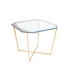 Gem Square Dining / Entry Table-Blue Glass with Brass Base by Debra Folz