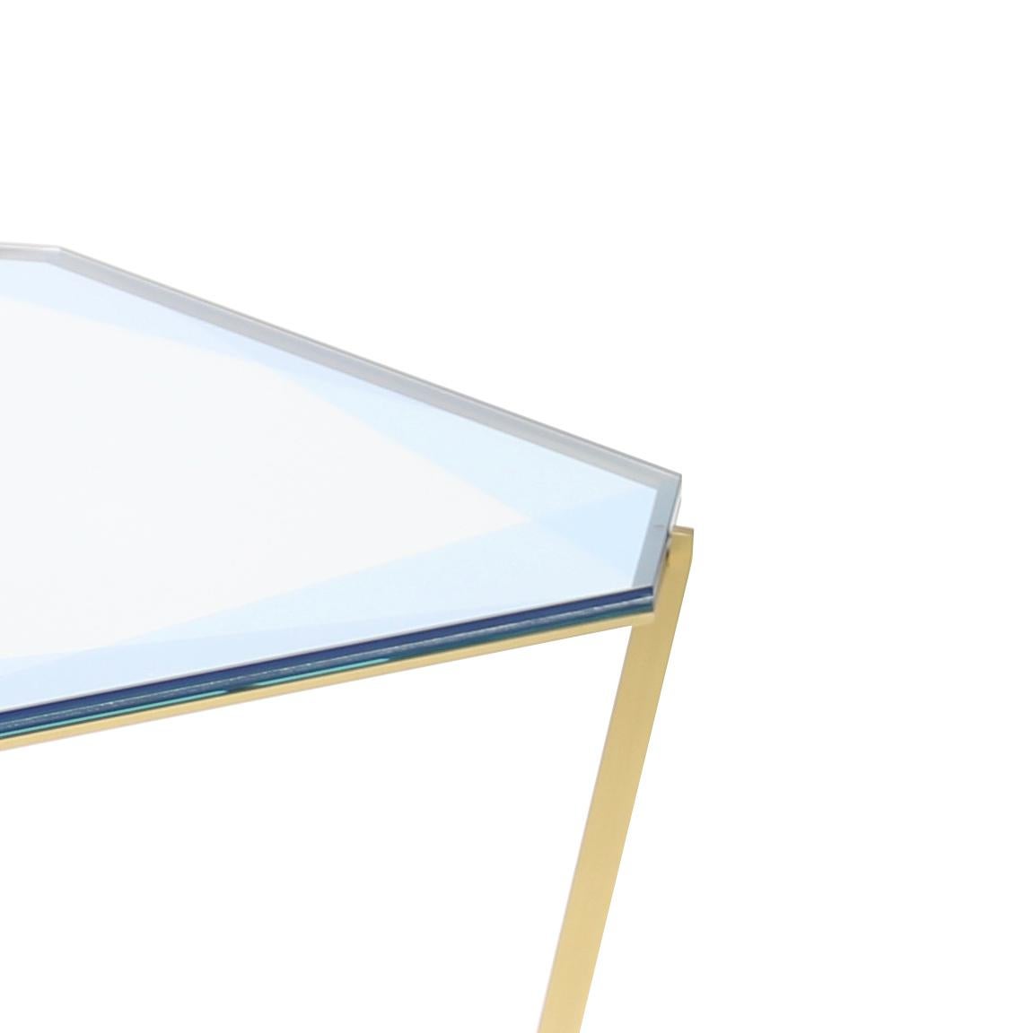 Quadratischer Edelstein-Ess-/Eingangstisch-Blaues Glas mit Messingfuß von Debra Folz (Sonstiges) im Angebot