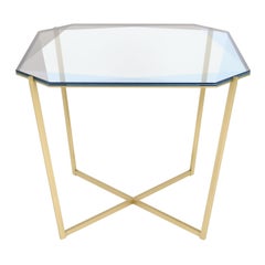 Gem Square Dining / Entry Table-Blue Glass with Brass Base by Debra Folz