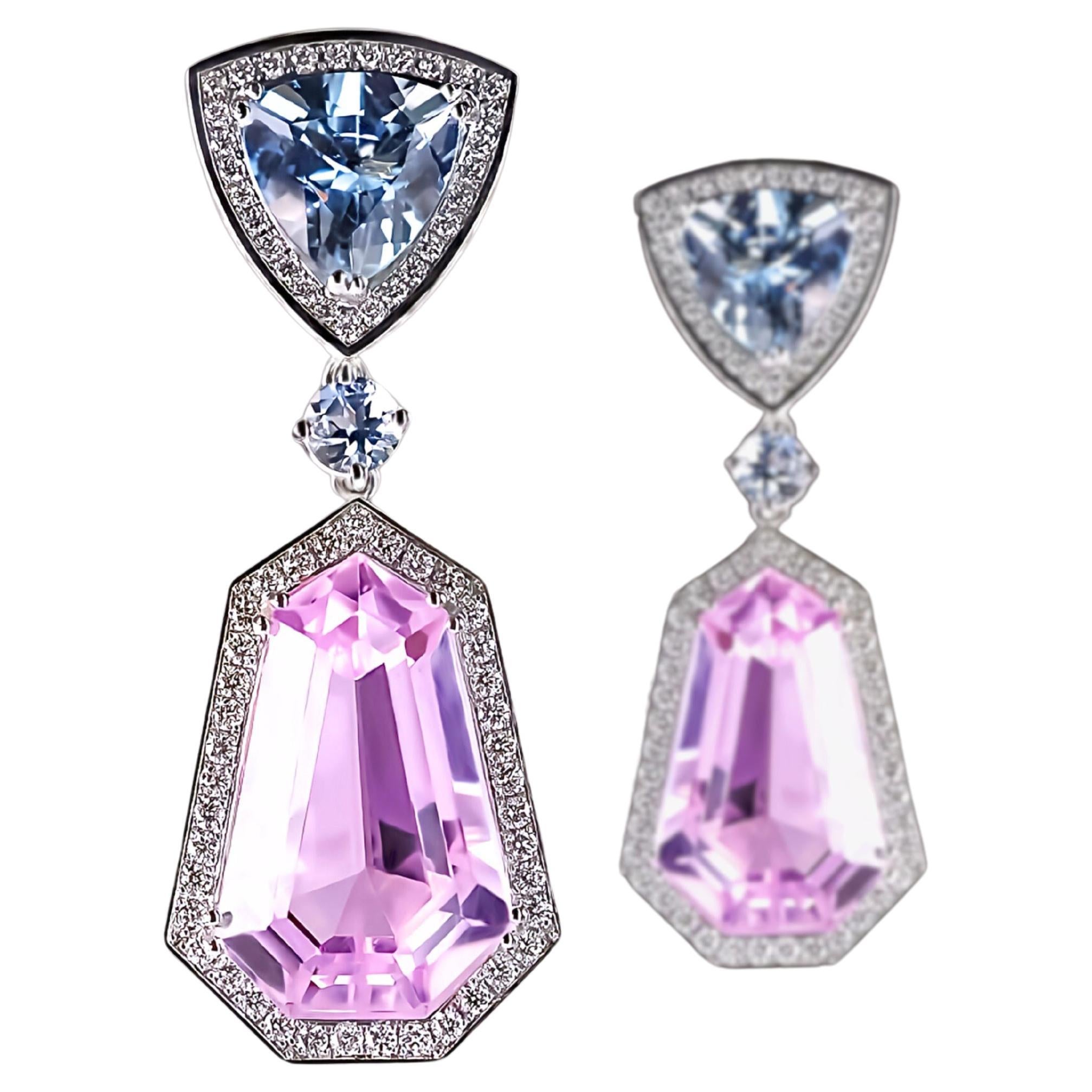 Gem Symphony: Aquamarine and Kunzite - 18kt Gold Earring Masterpieces For Sale