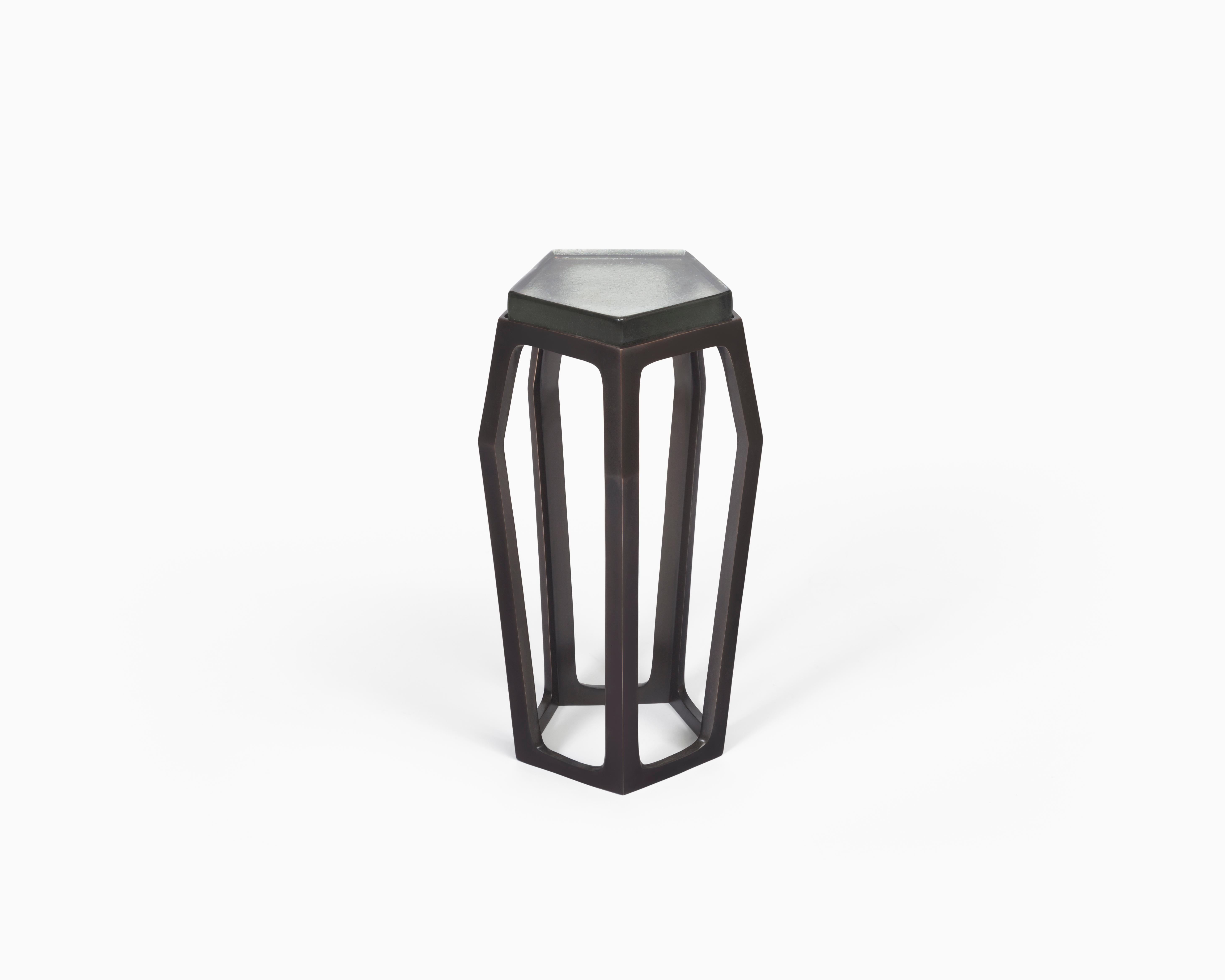 Blackened Gem Side Table in Cast Bronze and Cast Glass For Sale