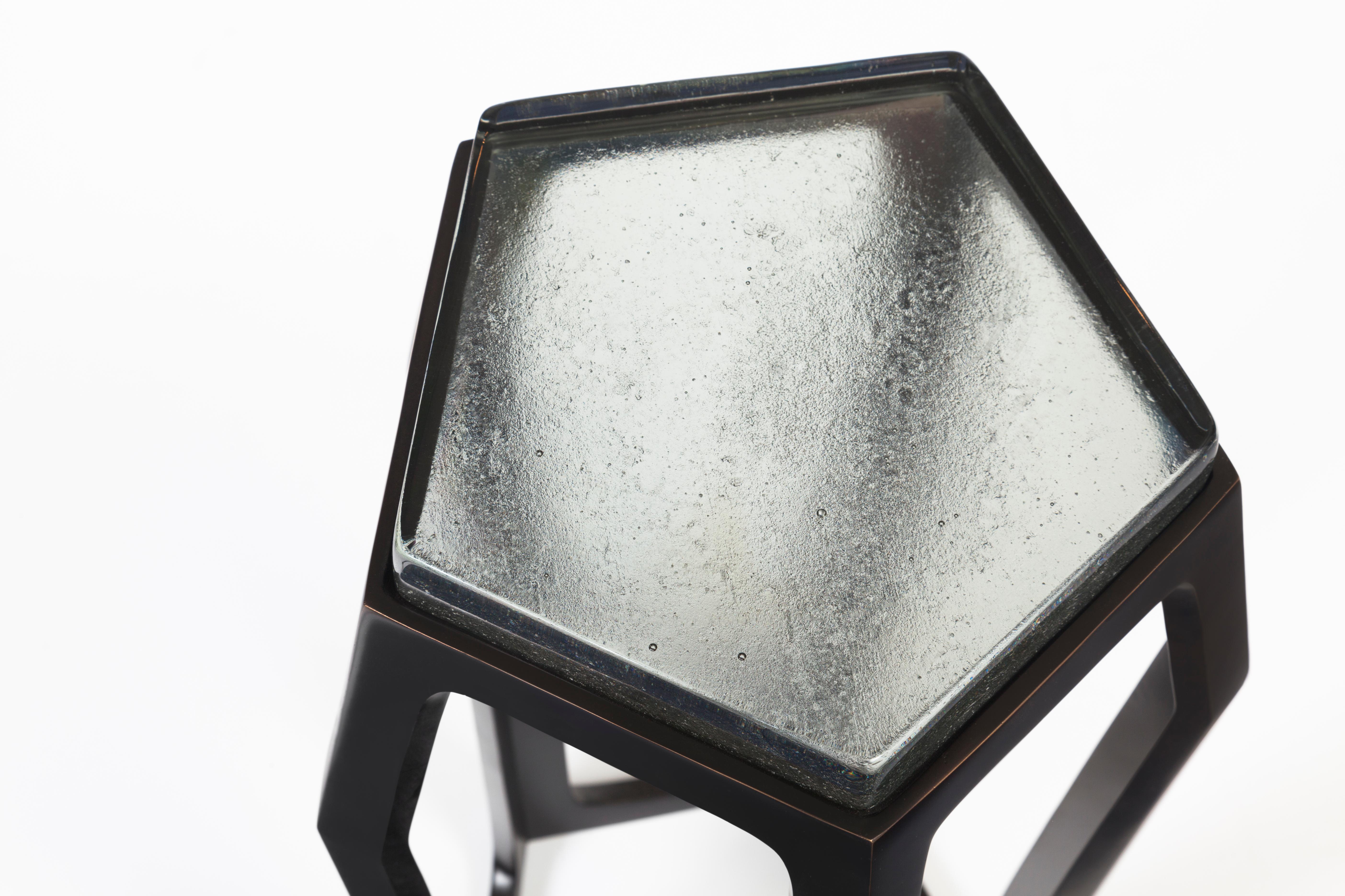 Blackened Gem Side Table in Cast Bronze and Cast Glass For Sale