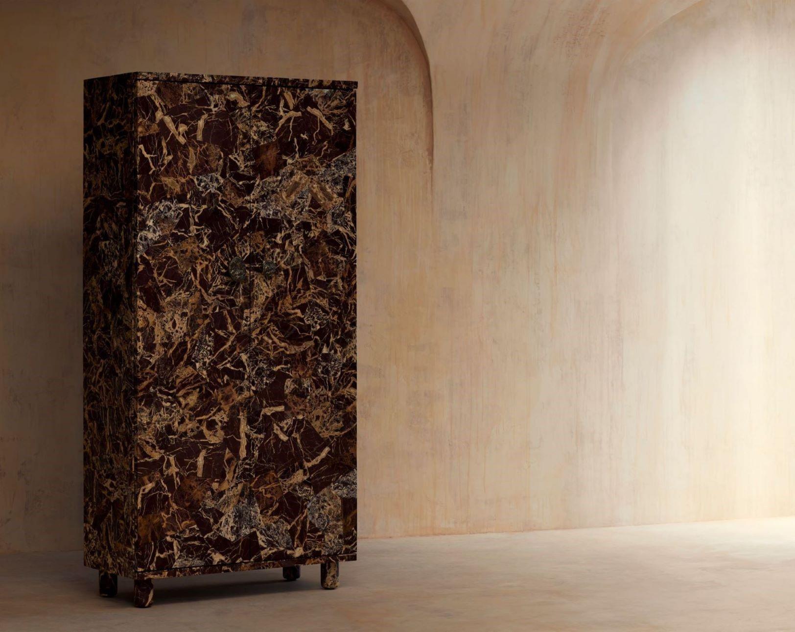Modern Gem Tall Cabinet II by DeMuro Das in Claret Dolomite and Solid Antique Bronze  For Sale