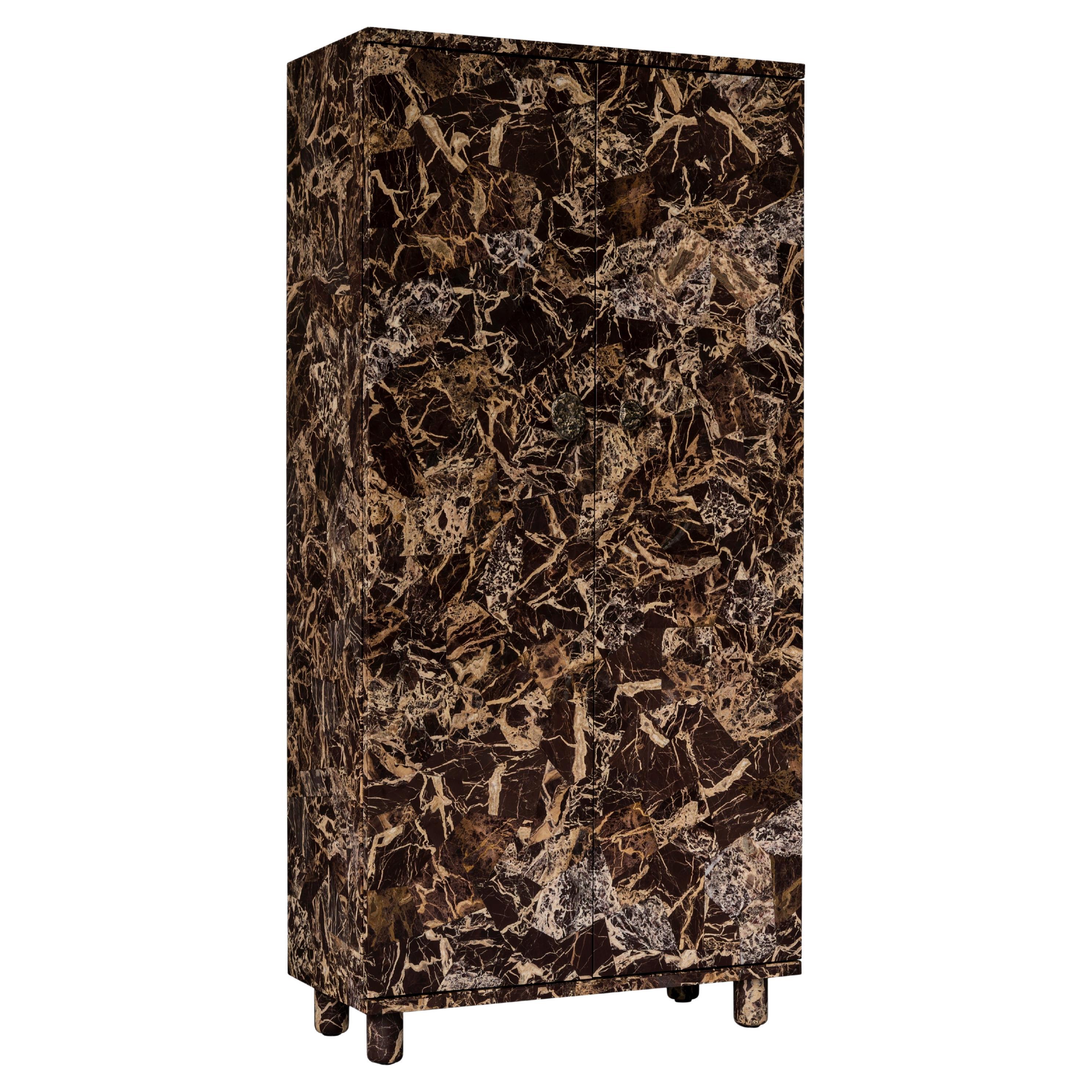 Gem Tall Cabinet II by DeMuro Das in Claret Dolomite and Solid Antique Bronze  For Sale