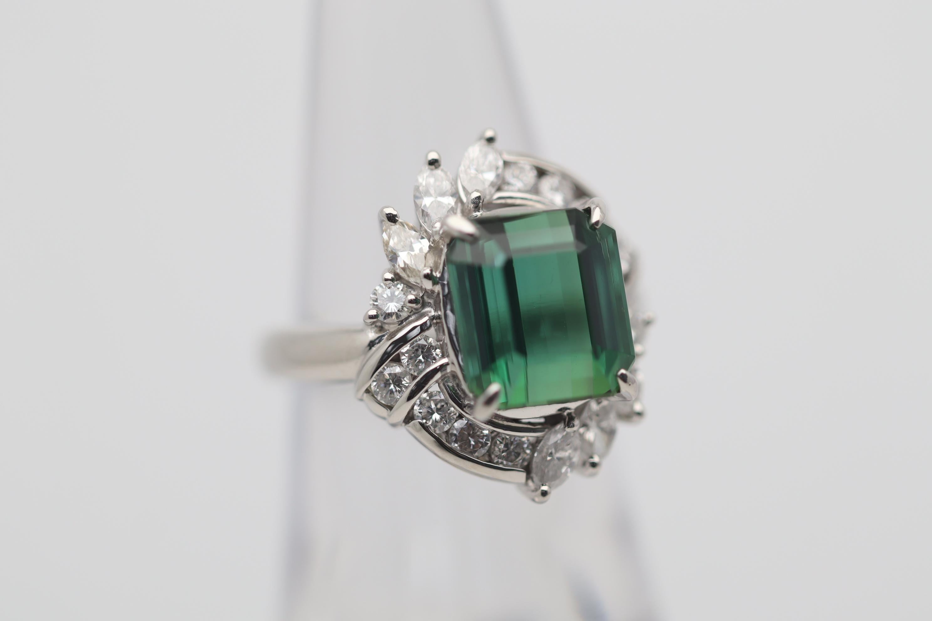 Emerald Cut Gem Tourmaline Diamond Platinum Ring For Sale