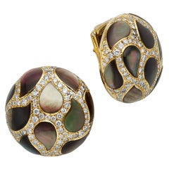 Retro Gem Veto Button Mother-of-Pearl and Diamond Earrings