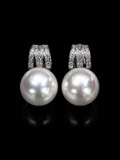 Gem White South Sea Pearl and Diamond Drop Earrings, 11-12mm, 18K White Gold