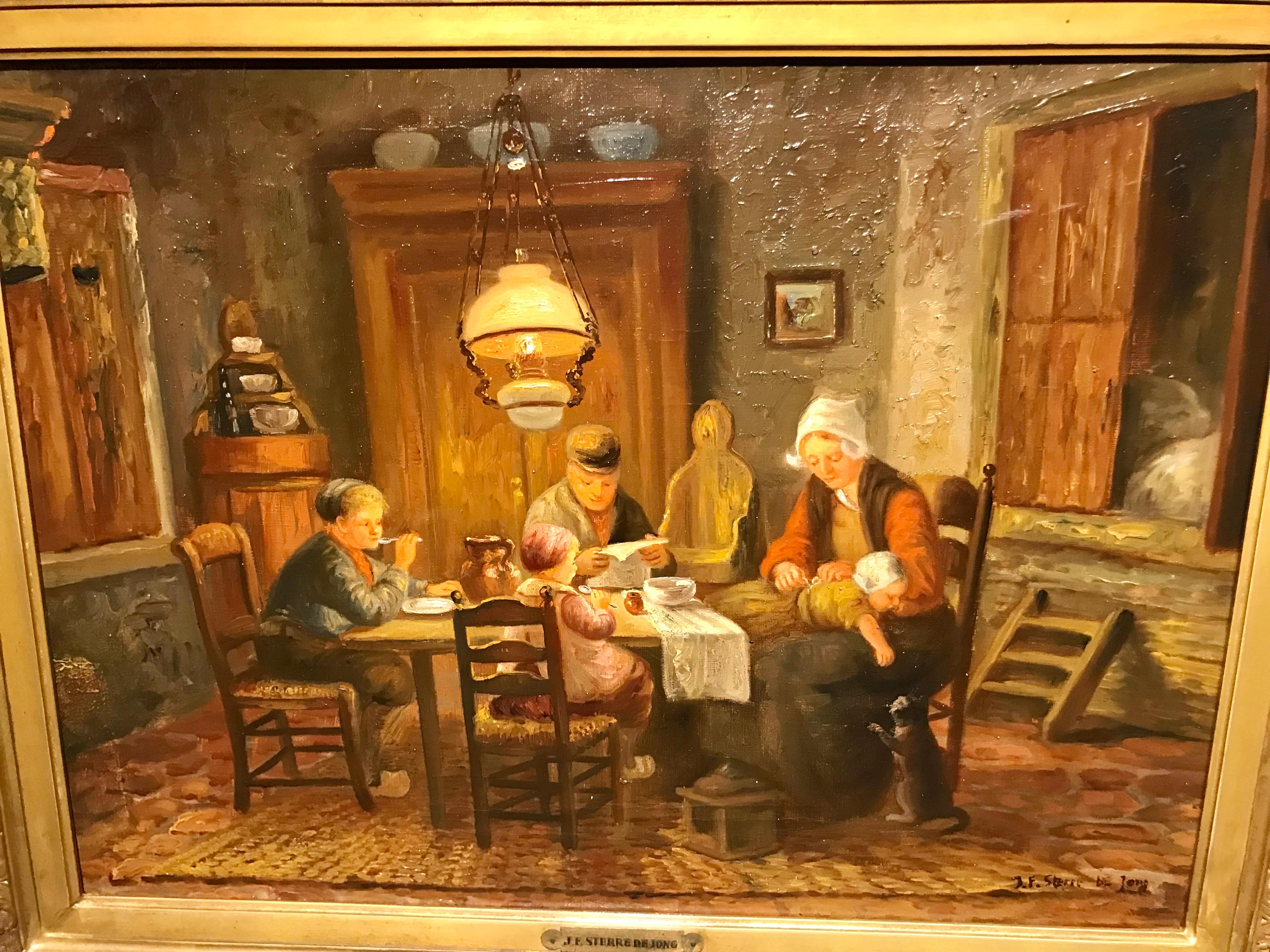 Gemälde „Familie beim Abendessen“, Öl/Leinwand

H 39 x B 53 cm + Rahmung

rechts unten signiert: J.F.Sterre de Jong

Jac. Fred. Sterre de Jong, 1866 - 1920 Laren/Niederlande
