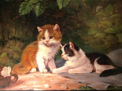Gemälde "Junge Katzen mit Schmetterling, Öl/Malkarton, B. Kögl