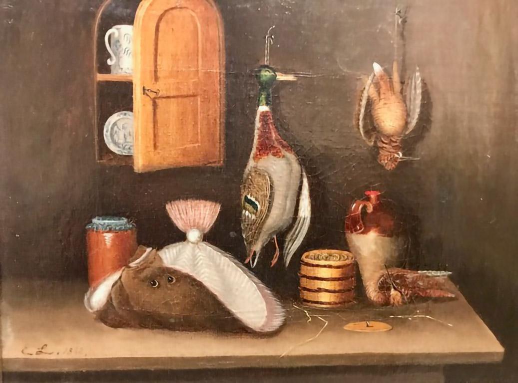 Gemälde „Stillleben“ mit Geflügel und Fisch, Öl/Leinwand, dubliert, unten links signiert und datiert: E. L. 1842

20 x 24,5 cm + Rahmung

Zuschreibung: Sir Edwin Henry Landseer, London 1802 - 1879 (probably)
