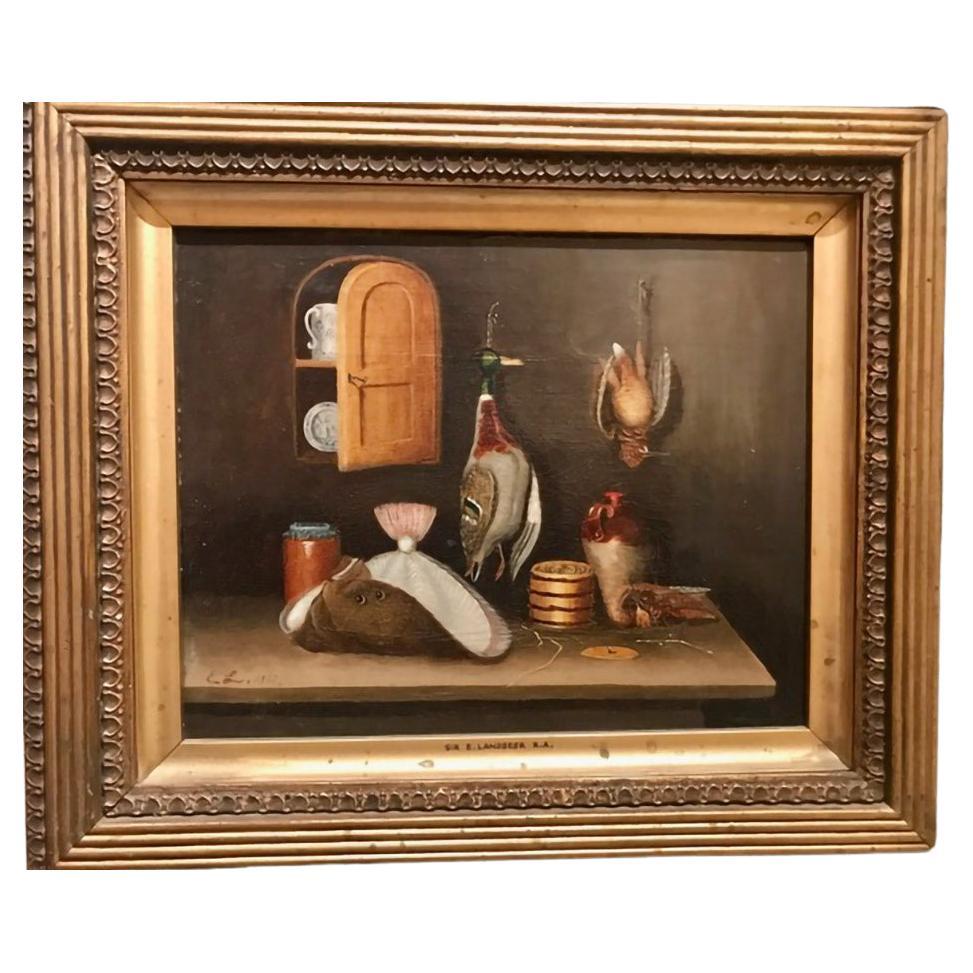 Gemälde „Stillleben“ mit Geflügel und Fisch, Öl/Leinwand, dubliert For Sale
