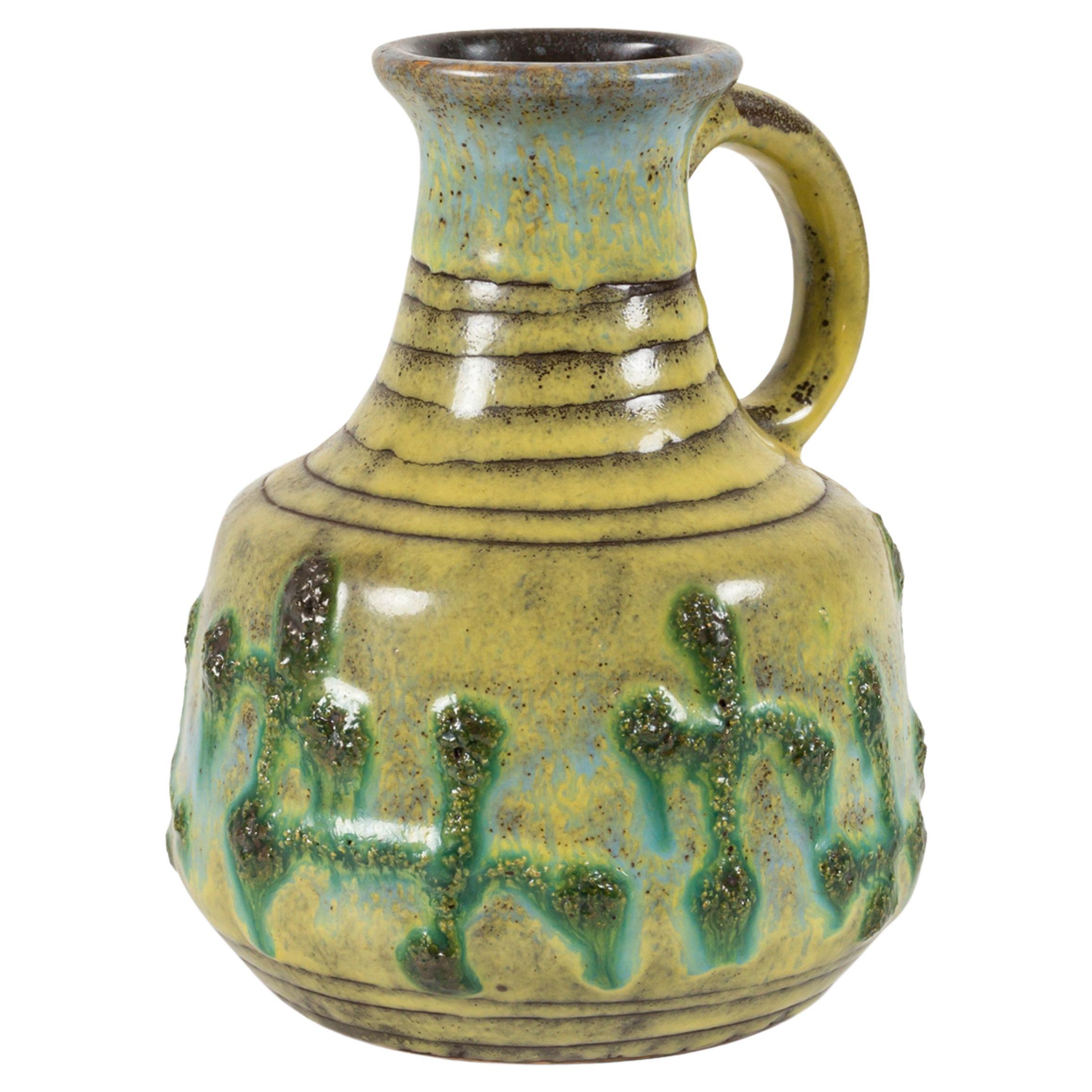 Geman Mid-Century Fat Lava Green and Blue Textured Ceramic Jug For Sale