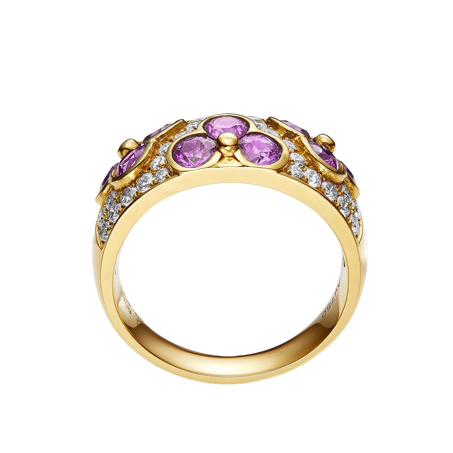 Retro GEMCOOK 18K Yellow Wide Pink Sapphire Flower Ring For Sale
