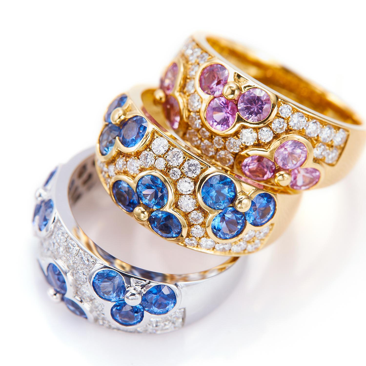 Oval Cut GEMCOOK 18K Yellow Wide Pink Sapphire Flower Ring For Sale