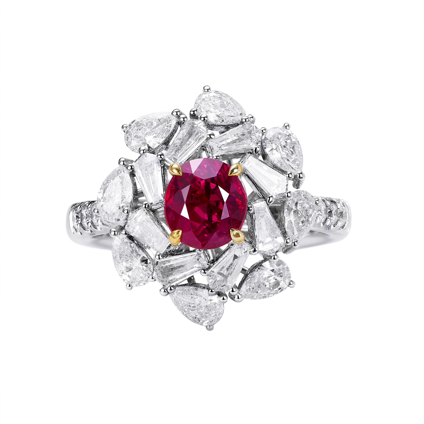 This GEMCOOK JEWELLERY 1.56ct Myanmar Mogok Pigeon Blood Ring features a rare and highly sought-after pigeon blood red color, originating from the famed Mogok mines of Myanmar. Crafted with exquisite detailing and a stunning 1.56 carat pigeon blood