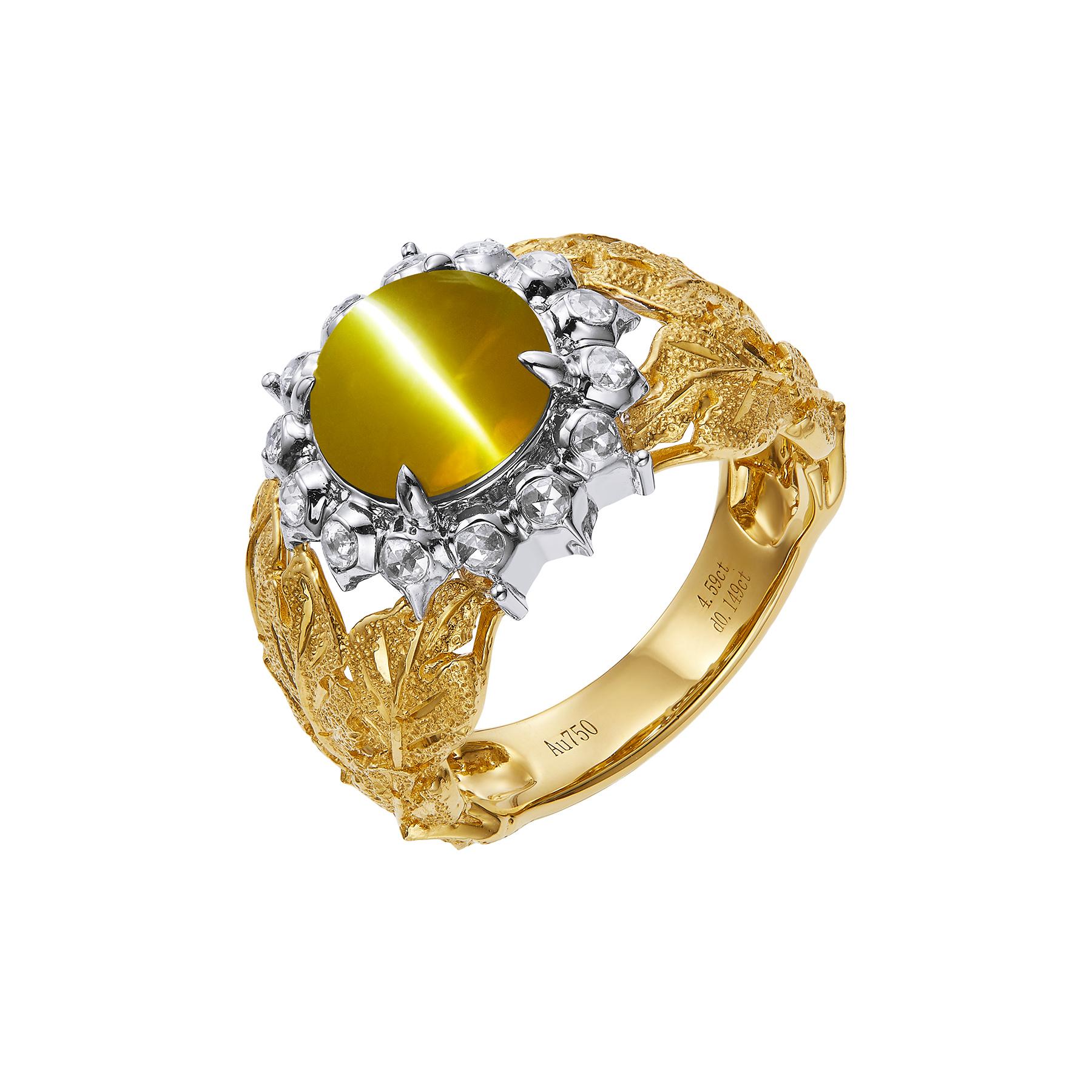 GEMCOOK JEWELLERY 4.59ct Honey Cat's Eye Ring yellowish-green GRS-type“honey”-color This ring boasts a rare and beautiful GRS-type 