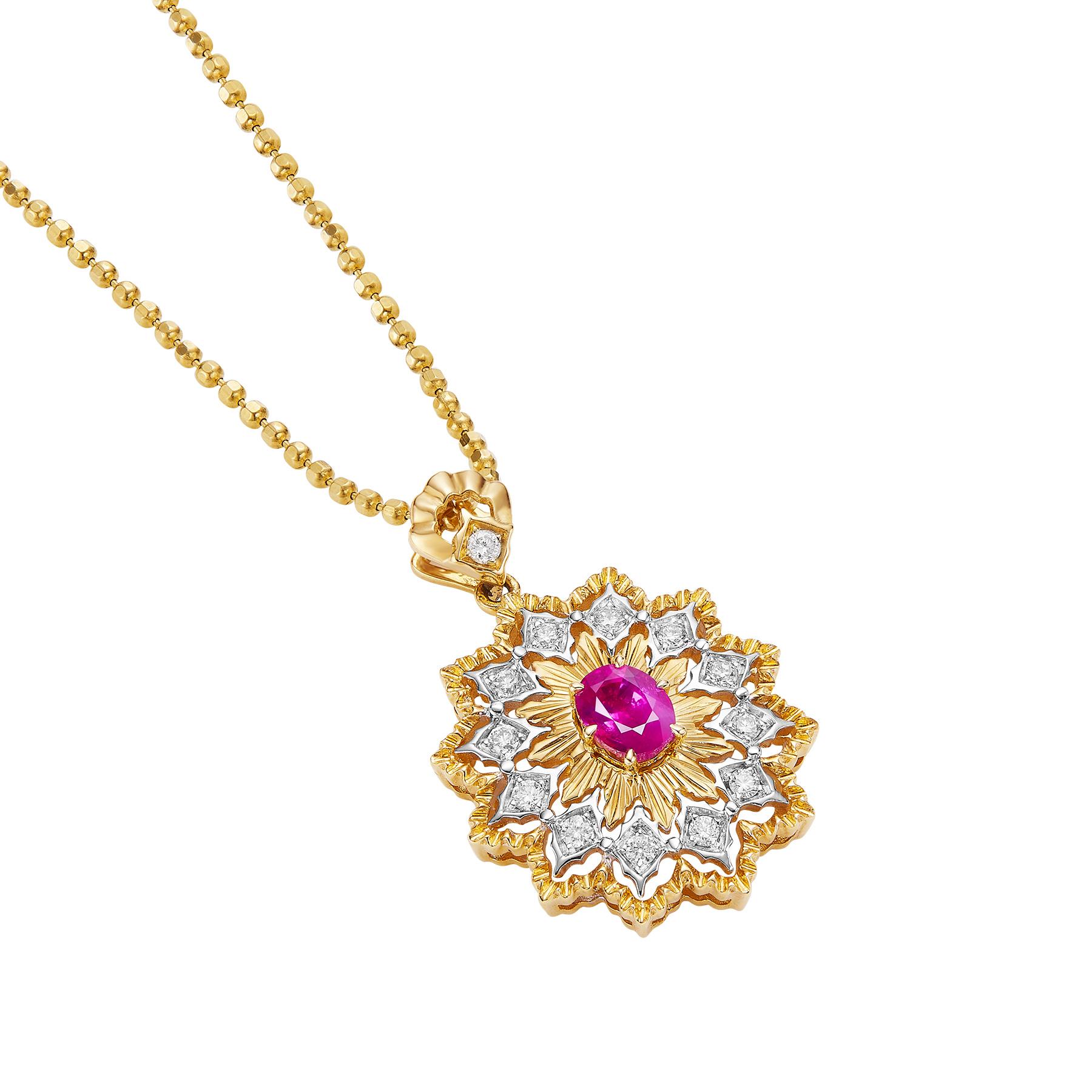 Immerse yourself in luxury with our GEMCOOK JEWELRY necklace. Featuring a rare 0.49ct unheated Burmese Mogok pigeon blood ruby, certified by AIGS, and crafted in a stunning Buccellati style. Elevate your style with this beautiful and unique piece.