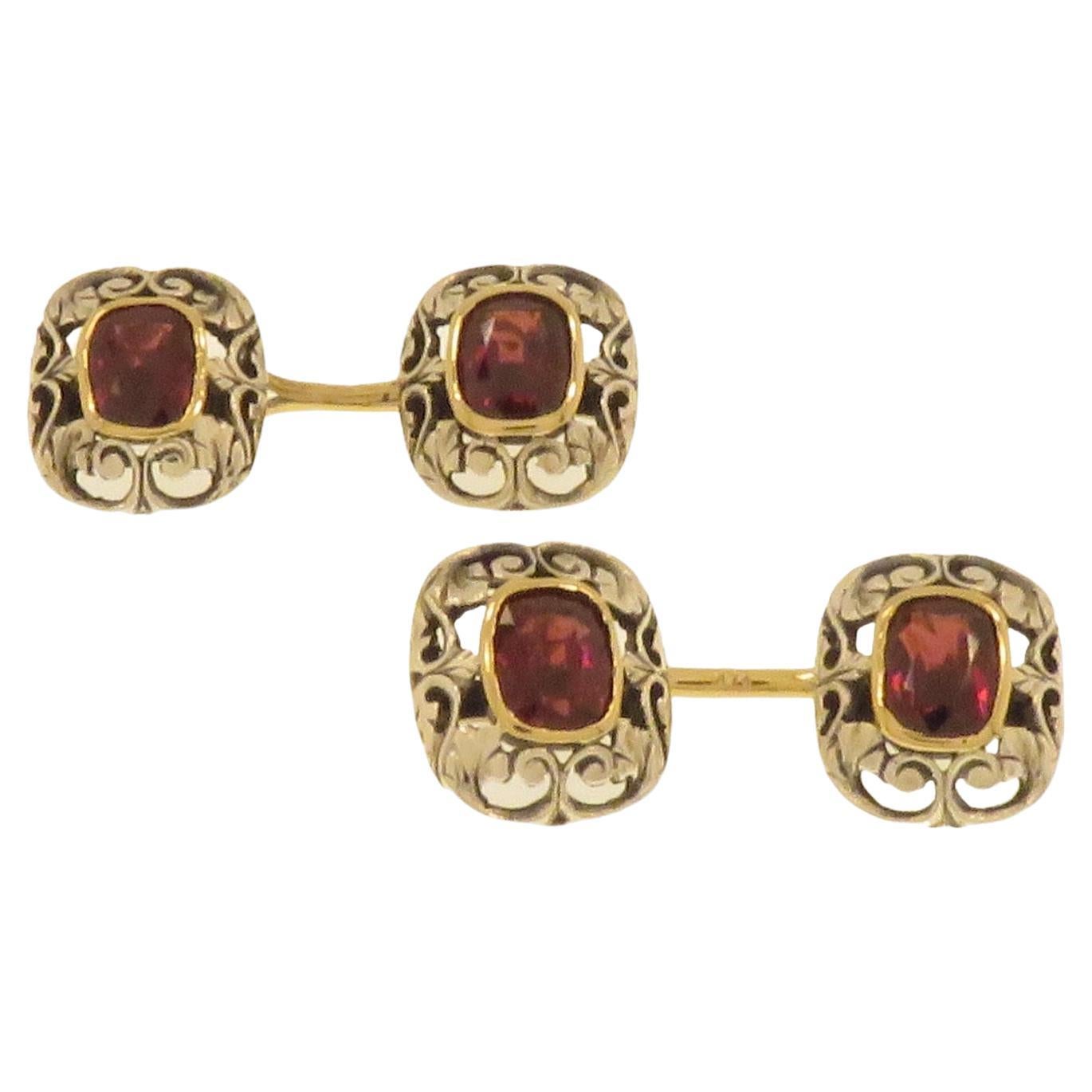 Antique Cufflinks with Garnets in Gold And Silver 1920s For Sale