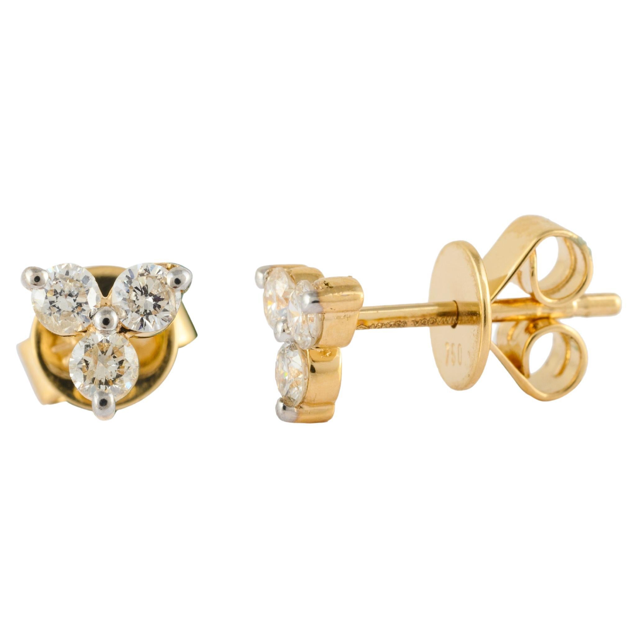 Natural Three Diamond Pushback Stud Earrings Made in 18k Solid Yellow Gold
