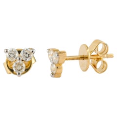 Natural Three Diamond Pushback Stud Earrings Made in 18k Solid Yellow Gold