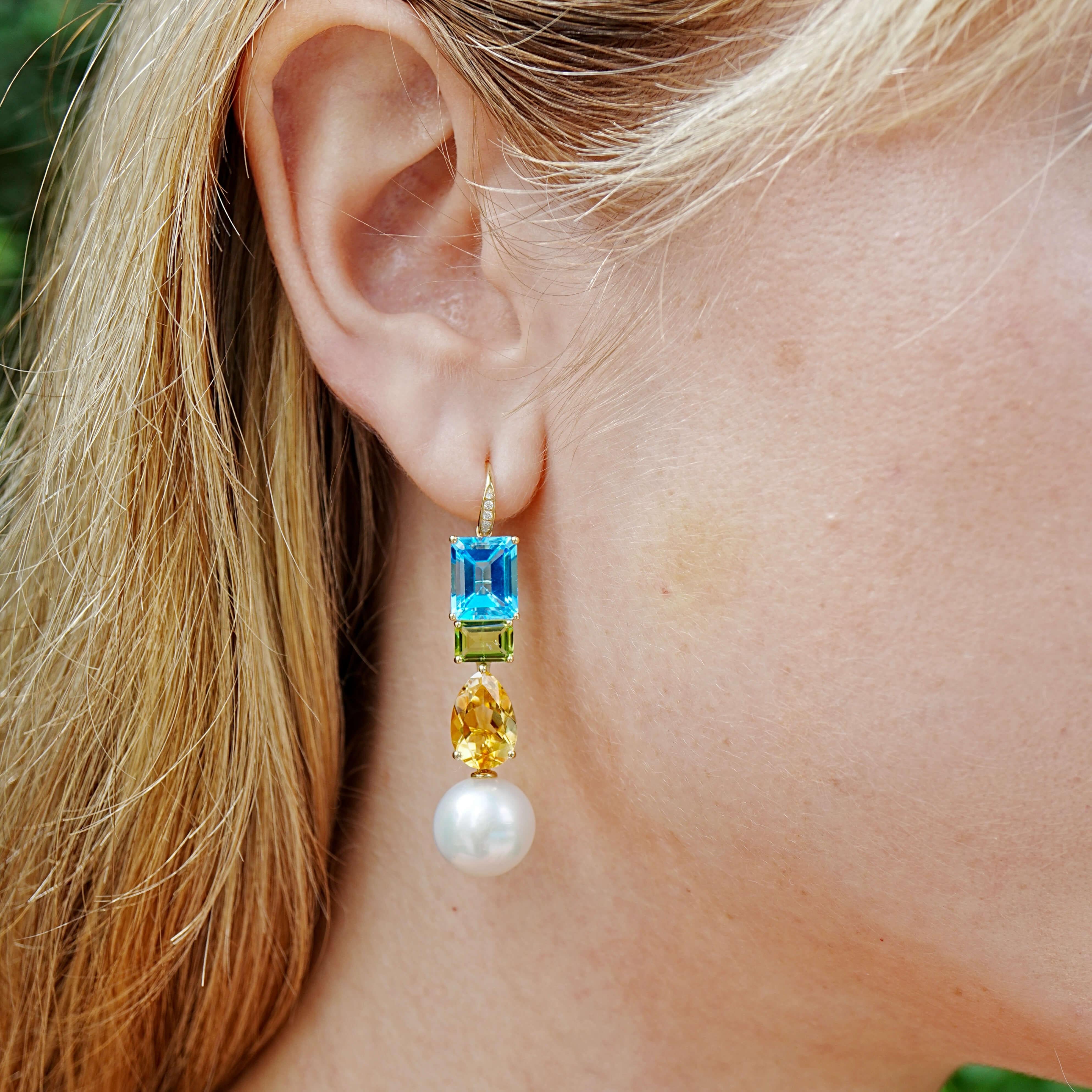 Moderno GemFusion 13.65ctw Topaz Peridot Citrine Diamond Pearl Convertible Drop Earrings in vendita