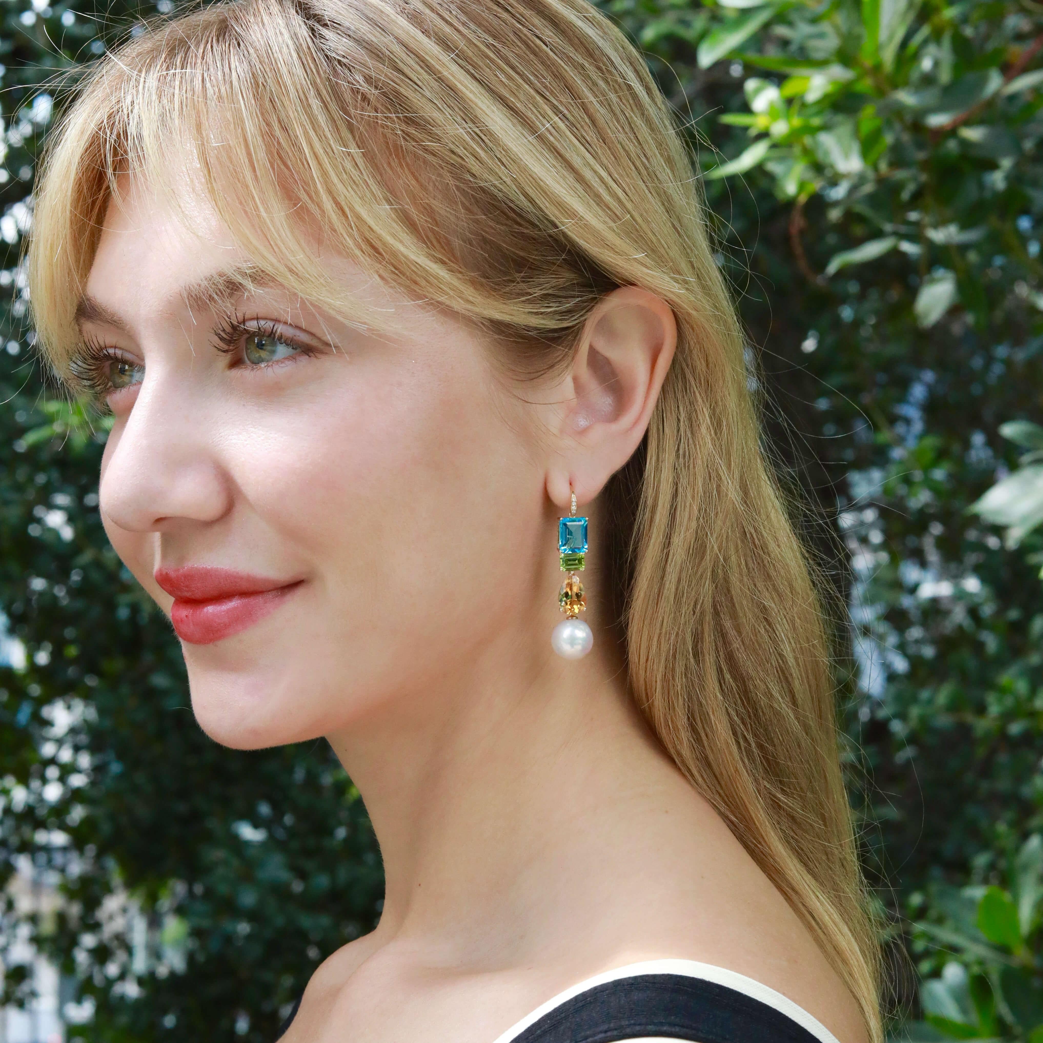 Taglio brillante GemFusion 13.65ctw Topaz Peridot Citrine Diamond Pearl Convertible Drop Earrings in vendita